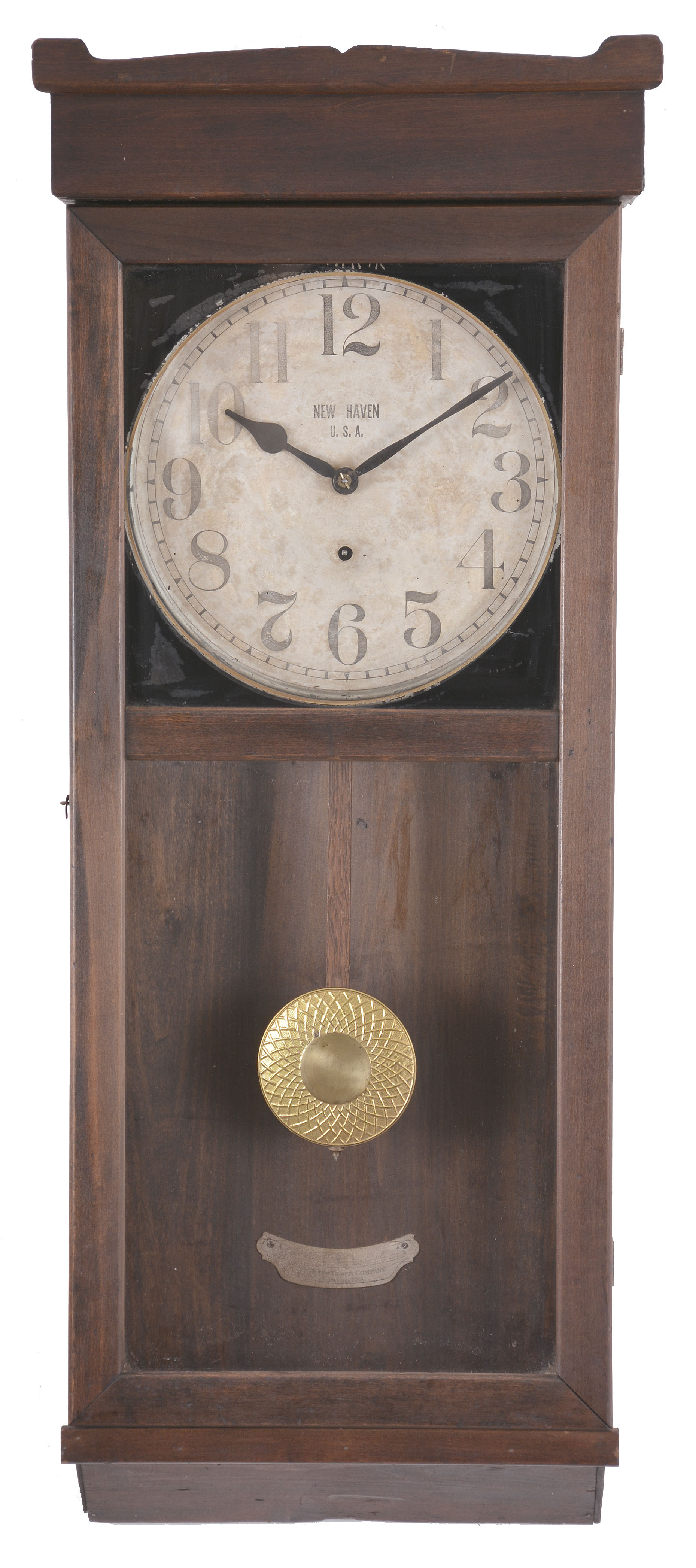 Clocks- 2 (Two) wall: (1) New Haven Clock Co., New Haven, Conn., "No. 3043" wall clock, 8 day, time only, spring driven movement in a mahogany finish case, c1917; (2) Self-winding Clock Co., New York, "No. 18-A" wall clock, time only, battery-powered winding mechanism driving an 80 beat per hour pendulum movement in birch case with cherry finish with painted metal dial, c1910. — Antique Clocks Price Guide