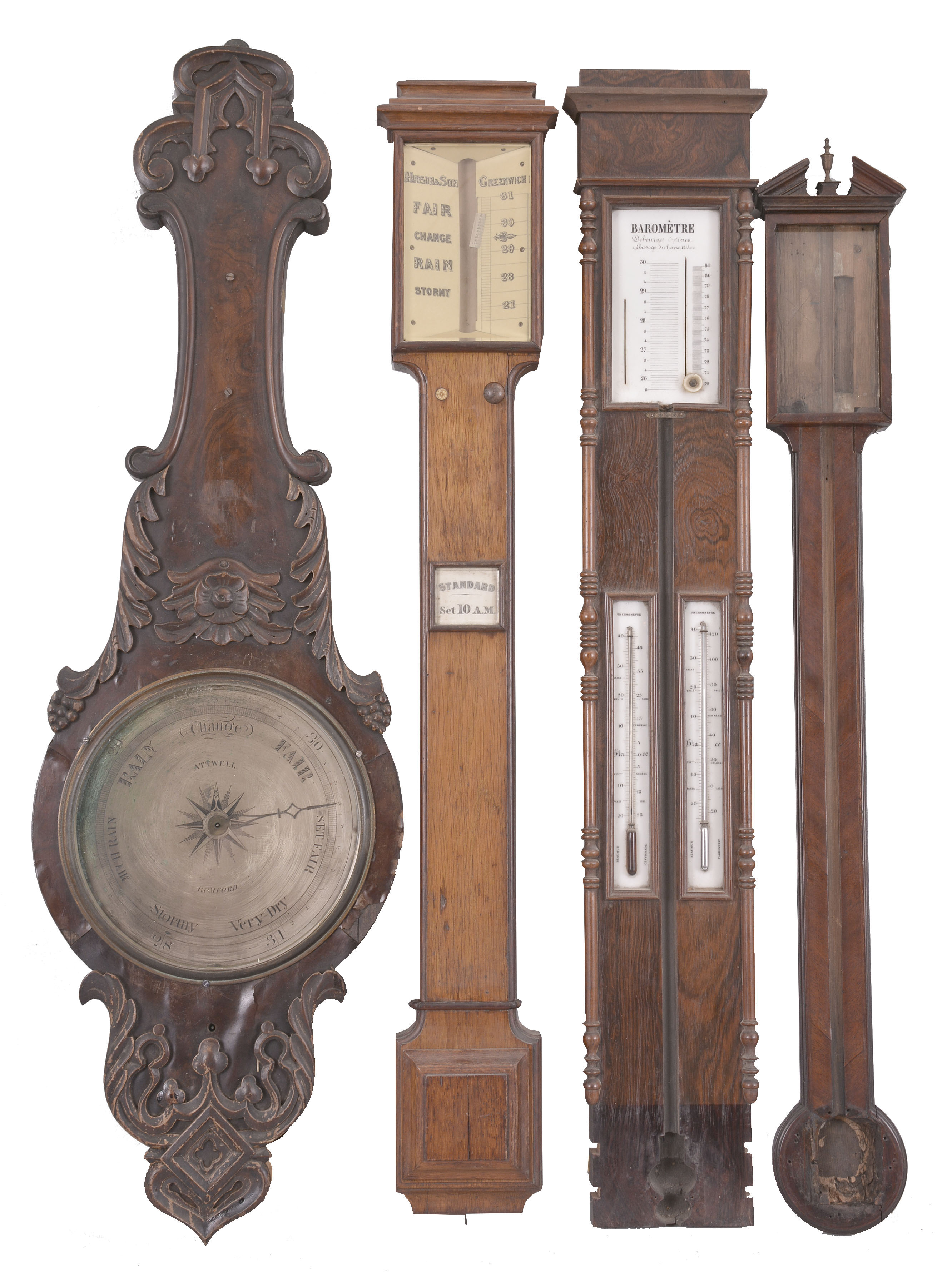 Parts- 4 (Four) Barometers: lot includes three English and one French mercury barometer -- one signed "Attwell / Romford" and another "Hudson & Sons / Greenwich" all in wood cases and all for parts. — Antique Clocks Price Guide