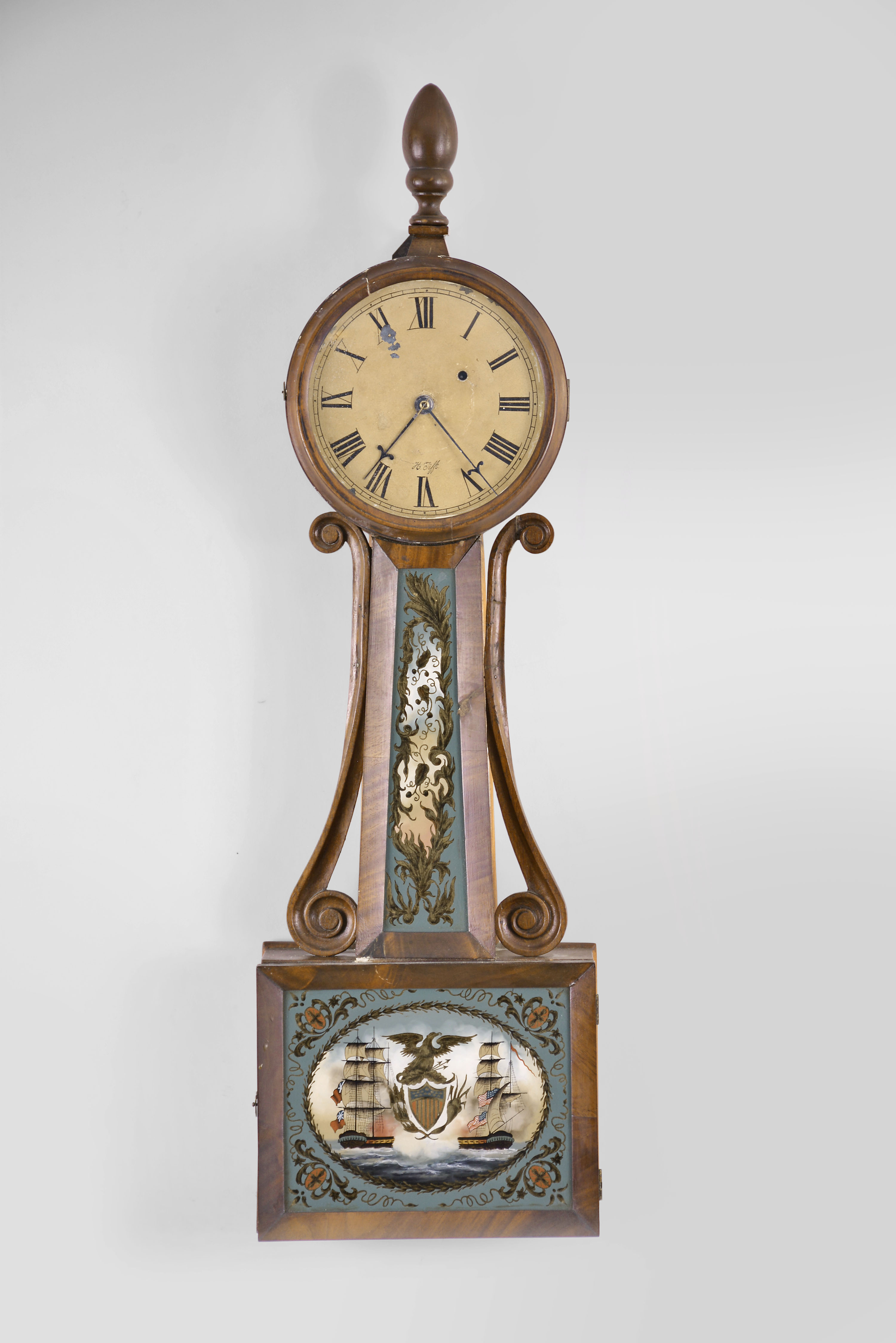 Horace Tift, North Attleboro, Mass., 8 day, weight brass movement patent or banjo timepiece. — Antique Clocks Price Guide
