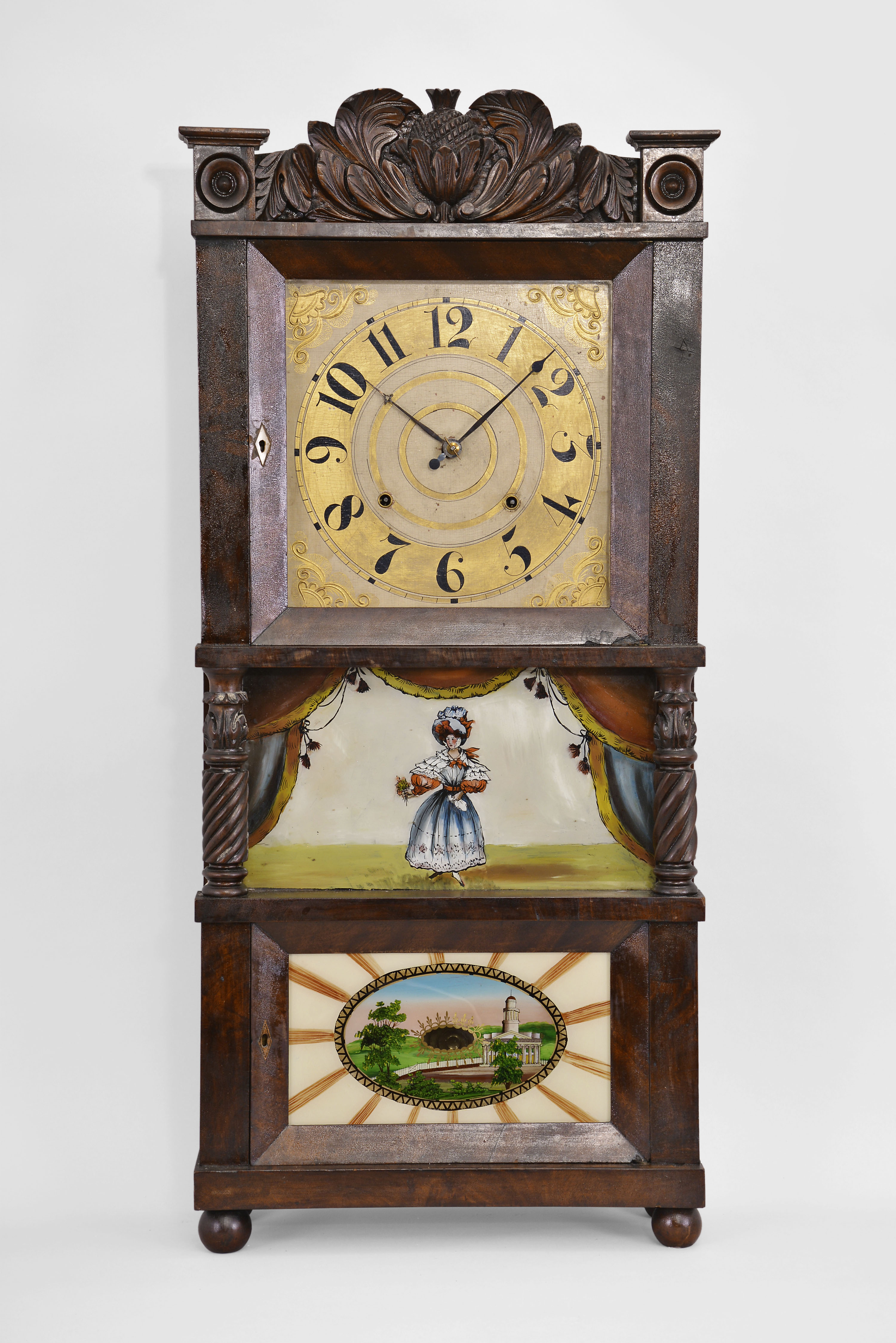Clocks- 2 (Two): (1) C. & L. C. Ives, Bristol, Conn., 8 day, time and strike weight brass movement triple decker shelf clock with carved splat and center columns. c1835 (2) Seth Thomas, Plymouth, Conn., 30 hour, time and strike weight wood movement short fully carved half-column and splat shelf clock. c1832 — Antique Clocks Price Guide