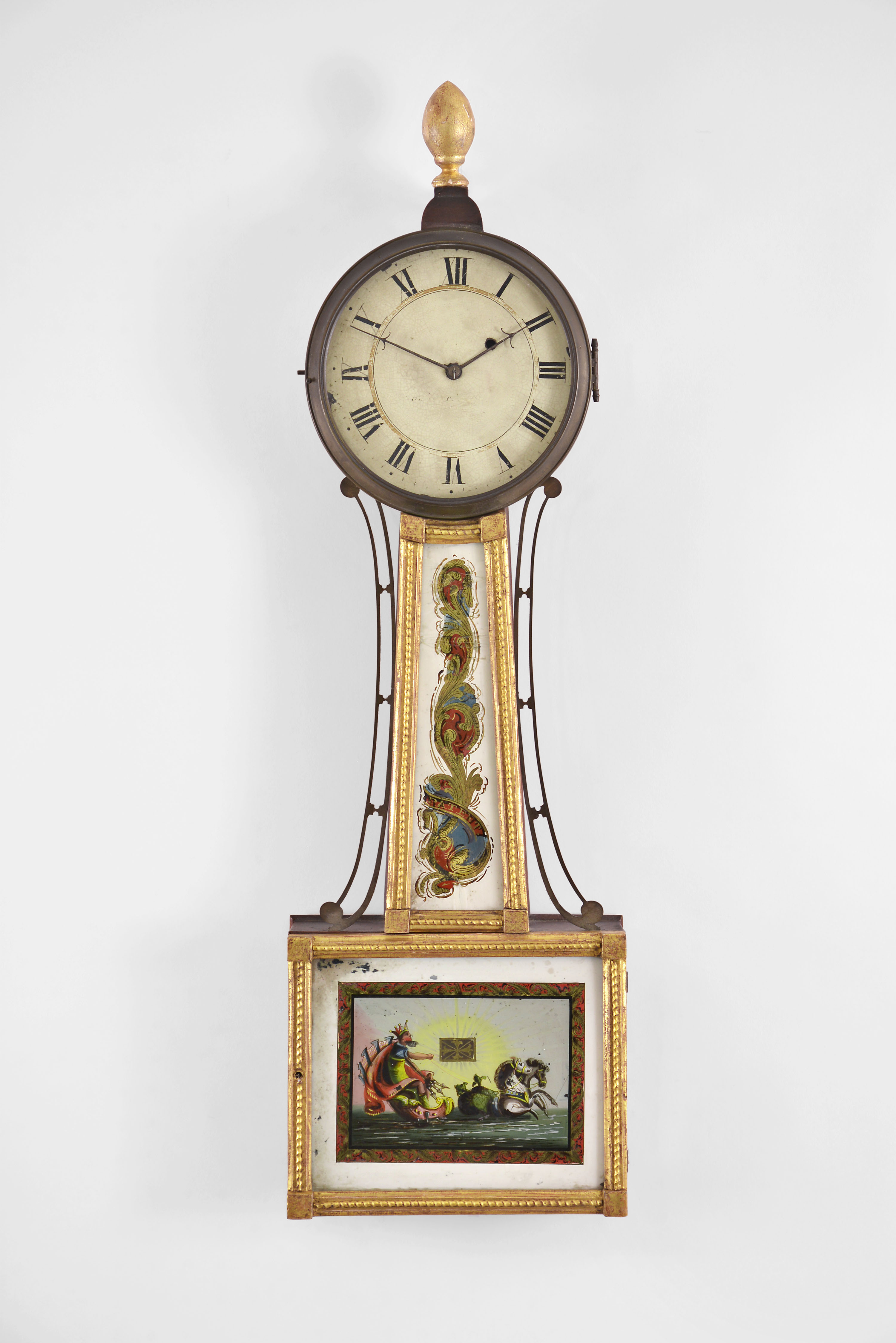 James Cole, Rochester, New Hampshire, 8 day, weight brass movement patent or banjo wall timepiece. — Antique Clocks Price Guide