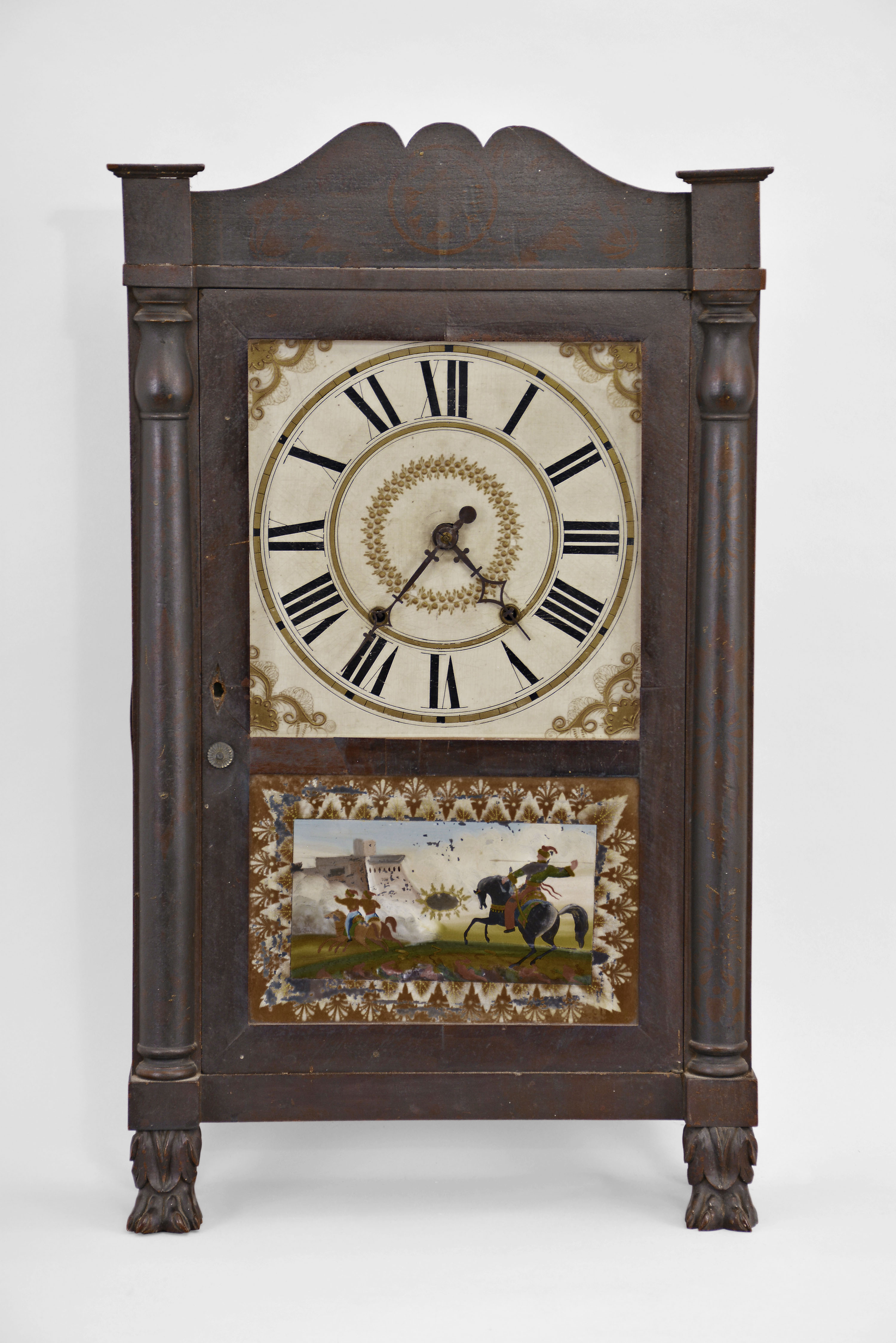 Riley Whiting, Winchester, Conn., 30 hour, time and strike weight wood movement half column & splat shelf clock with paw feet. — Antique Clocks Price Guide