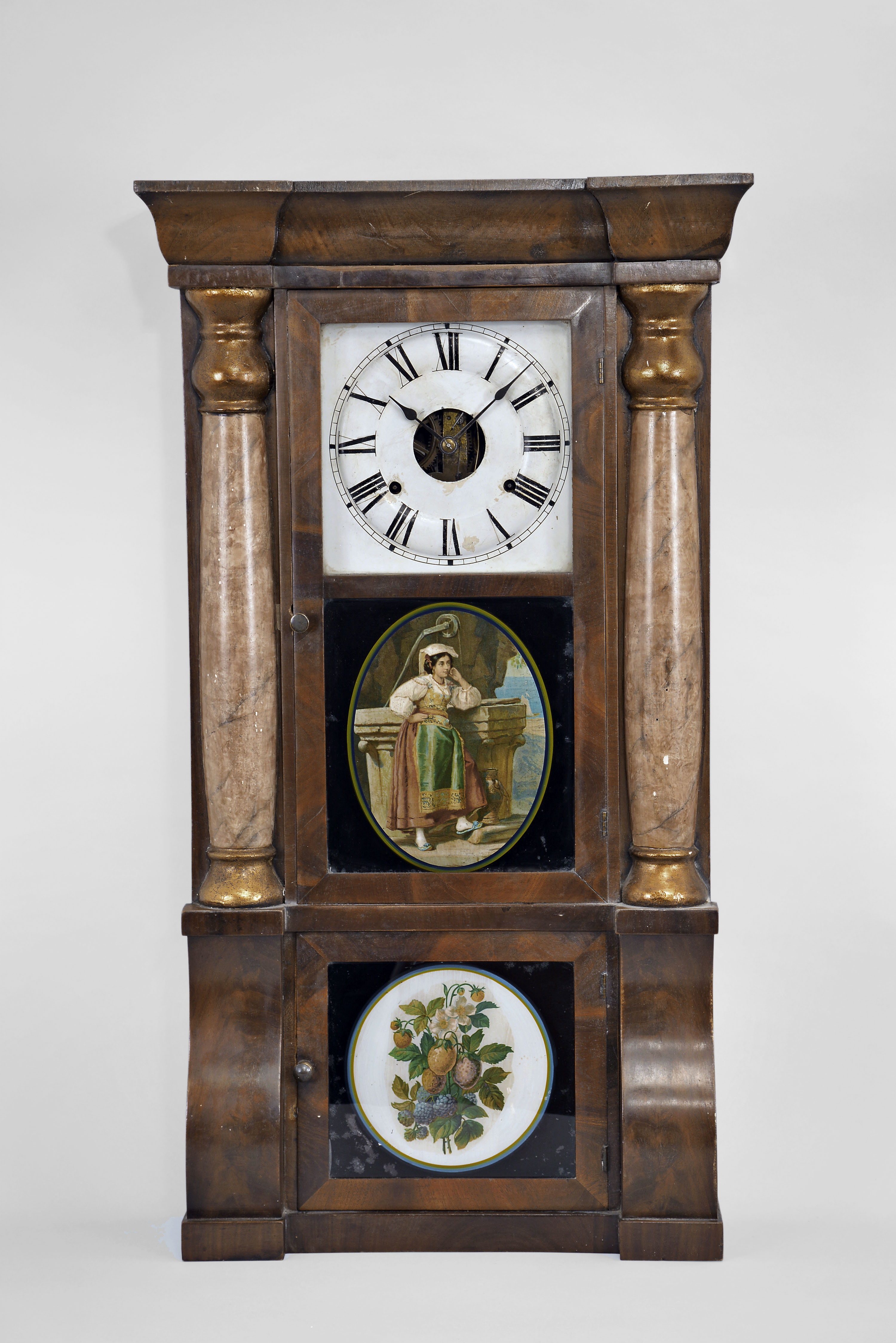 Seth Thomas Clock Co., Thomaston, Conn., 8 day, time and strike weight brass movement column & cornice shelf clock. — Antique Clocks Price Guide