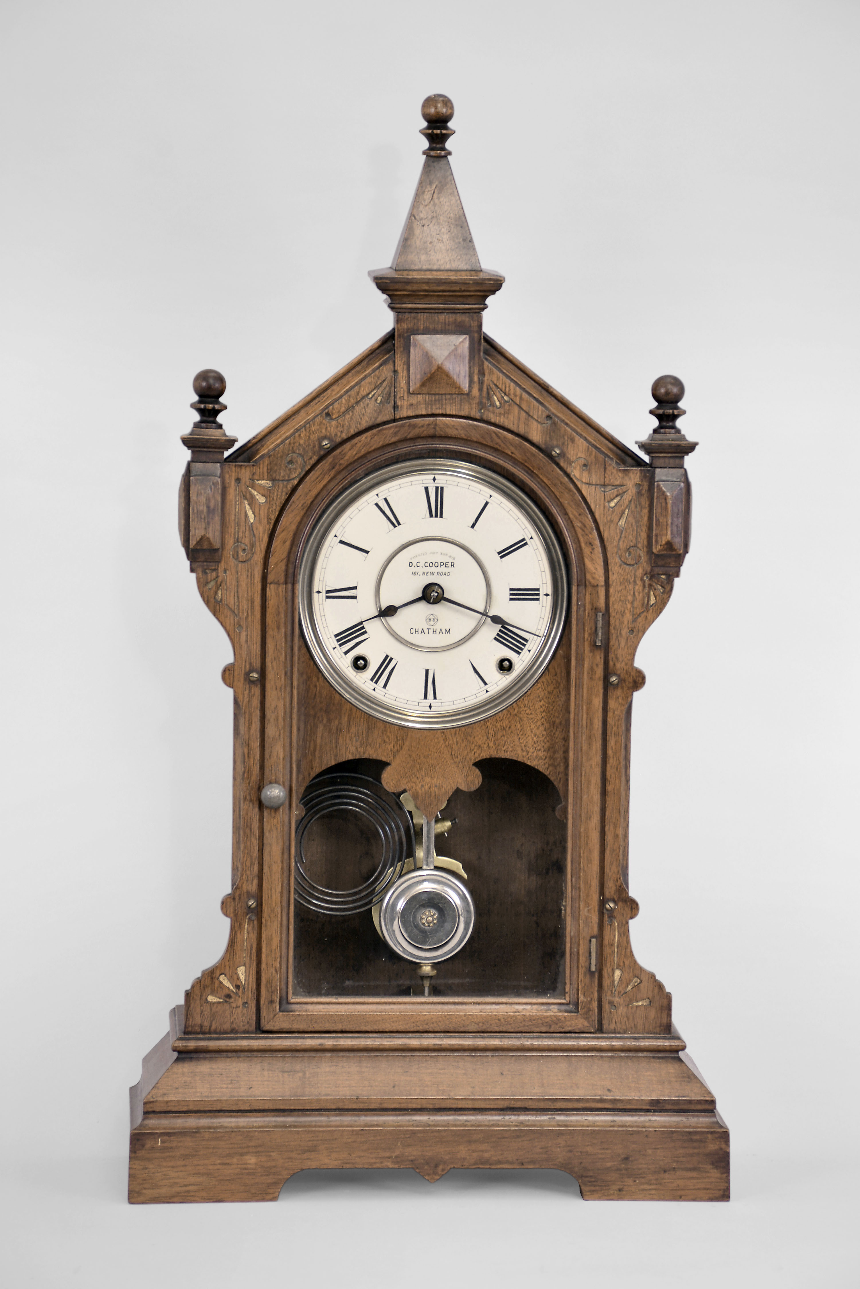 Seth Thomas Clock Co., Thomaston, Conn., "Lafayette" shelf clock with a spring driven 8 day time and strike (cathedral gong) lyre movement in a walnut case. — Antique Clocks Price Guide