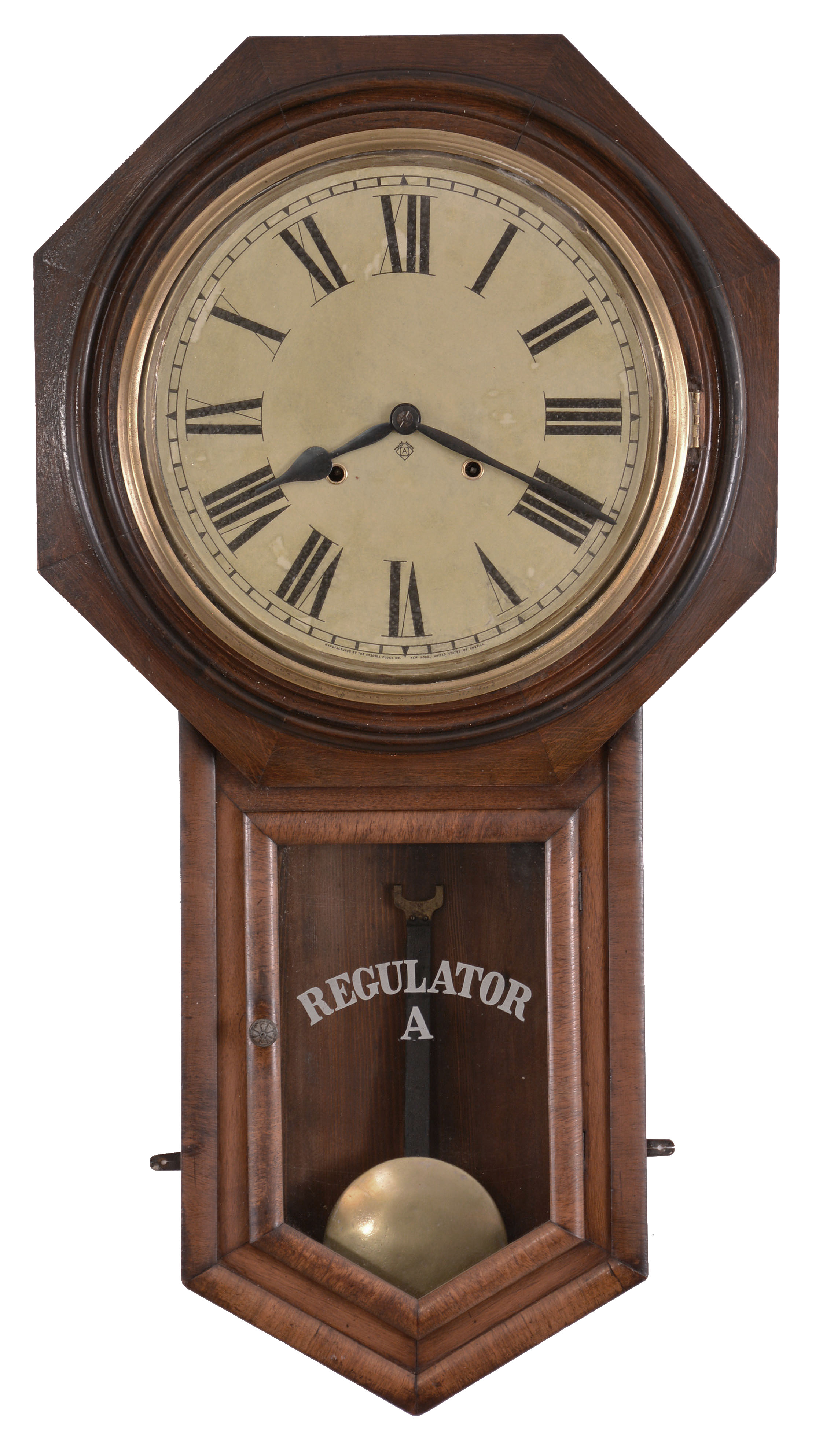 Clocks- 2 (Two): (1) Ansonia Clock Co., New York, "Regulator A" wall clock with a spring driven 8 day time and half hour strike in a black walnut case. c1895. (2) Ansonia Clock Co., New York, "Office Regulator" wall clock with a spring driven 8 day time and half hour strike with seconds bit in a black walnut case. c1895. — Antique Clocks Price Guide