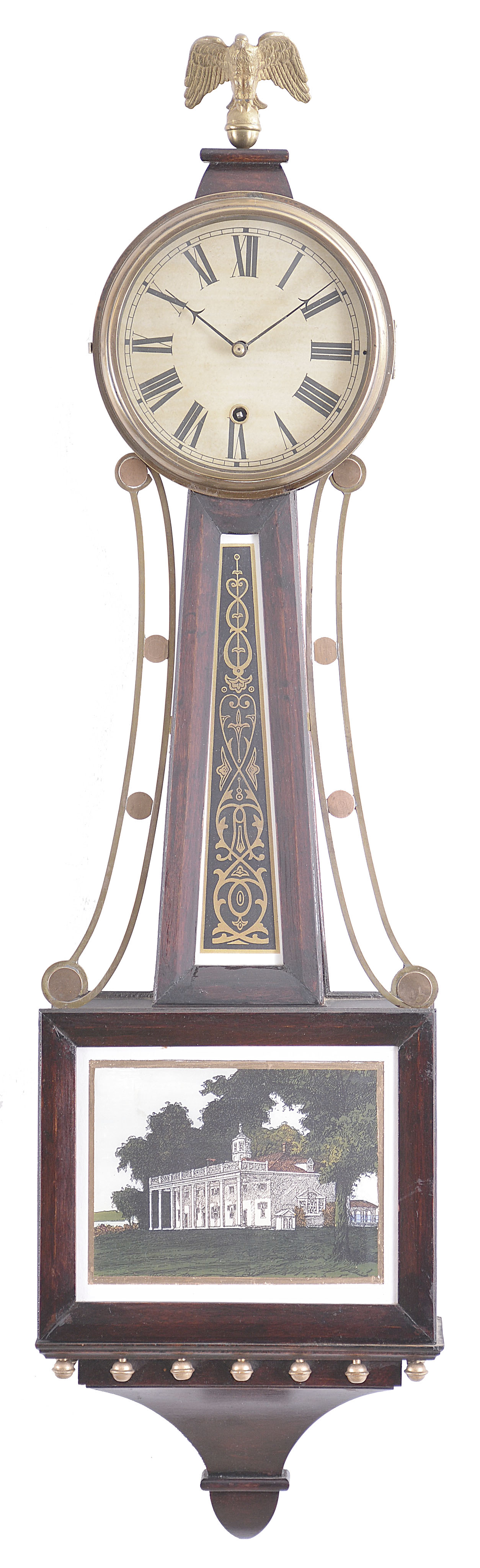 Clocks- 2 (Two) Banjo: (1) Unknown, banjo clock, 8 day, time only, spring driven movement in a full size wood case, c1980; (2) Banjo clock, 8 day, time only with moon phase, weight driven movement in a mahogany case with gilt molding, back-painted glasses, and painted metal dial, c2010. — Antique Clocks Price Guide