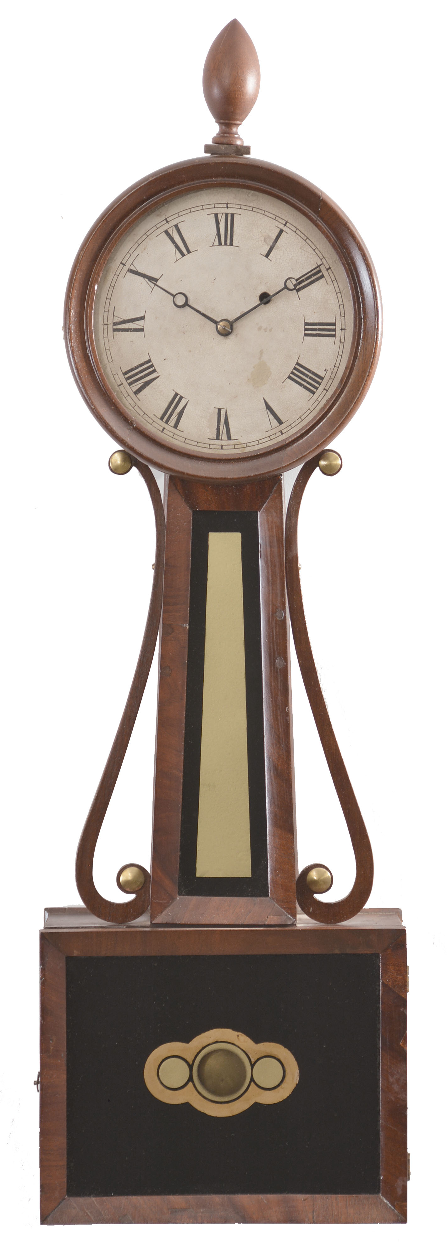 Clocks- 2 (Two) Attleboro Banjos: (1) Possibly Horace Tifft, North Attleboro, Mass., Patent or banjo timepiece, 8 day, weight driven movement in a mahogany and mahogany veneer case, c1840; (2) Williams & Hatch, North Attleboro, Mass., Patent or banjo timepiece, 8 day, weight driven movement in a mahogany and mahogany veneer case, c1840. — Antique Clocks Price Guide