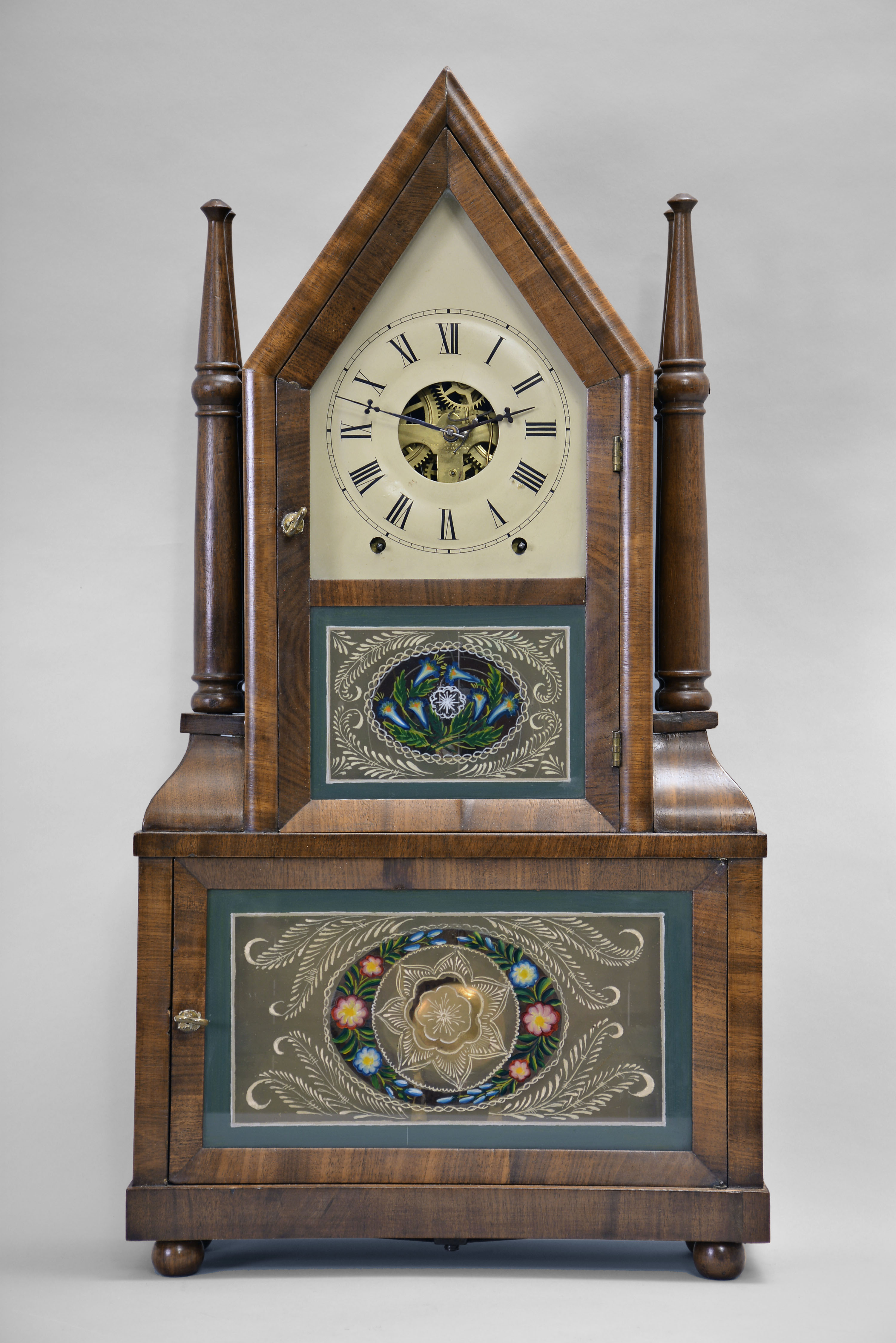 Birge & Fuller, Bristol, Conn., 8 day, time and strike wagon spring brass movement steeple on frame with candle finials shelf clock. — Antique Clocks Price Guide