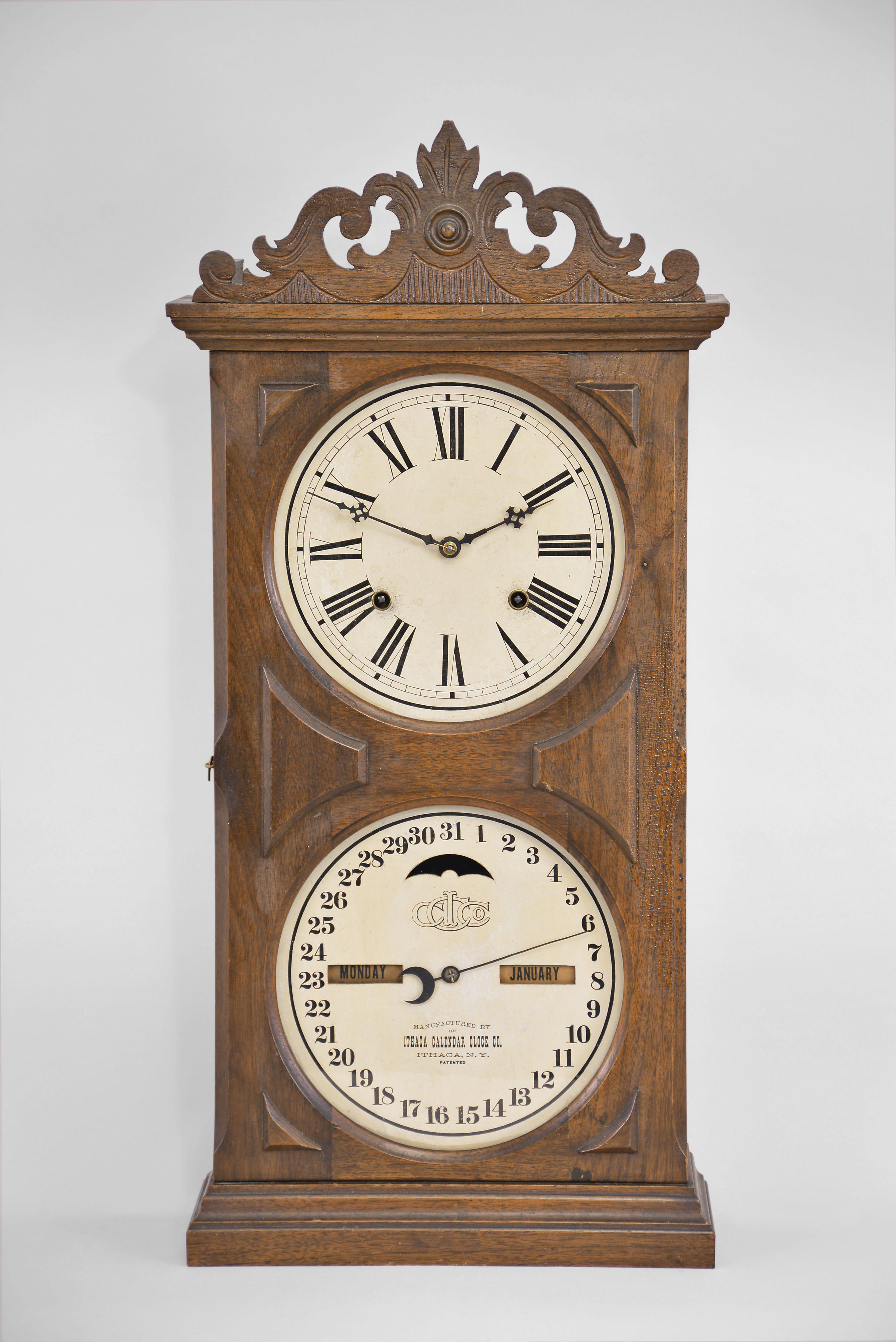 Ithaca Calendar Clock Co., Ithaca, NY "No. 10 Farmer's" calendar shelf clock with an spring driven 8 day time and strike movement (E. N. Welch) and a H. B. Horton's patented perpetual calendar mechansim is a walnut case. — Antique Clocks Price Guide