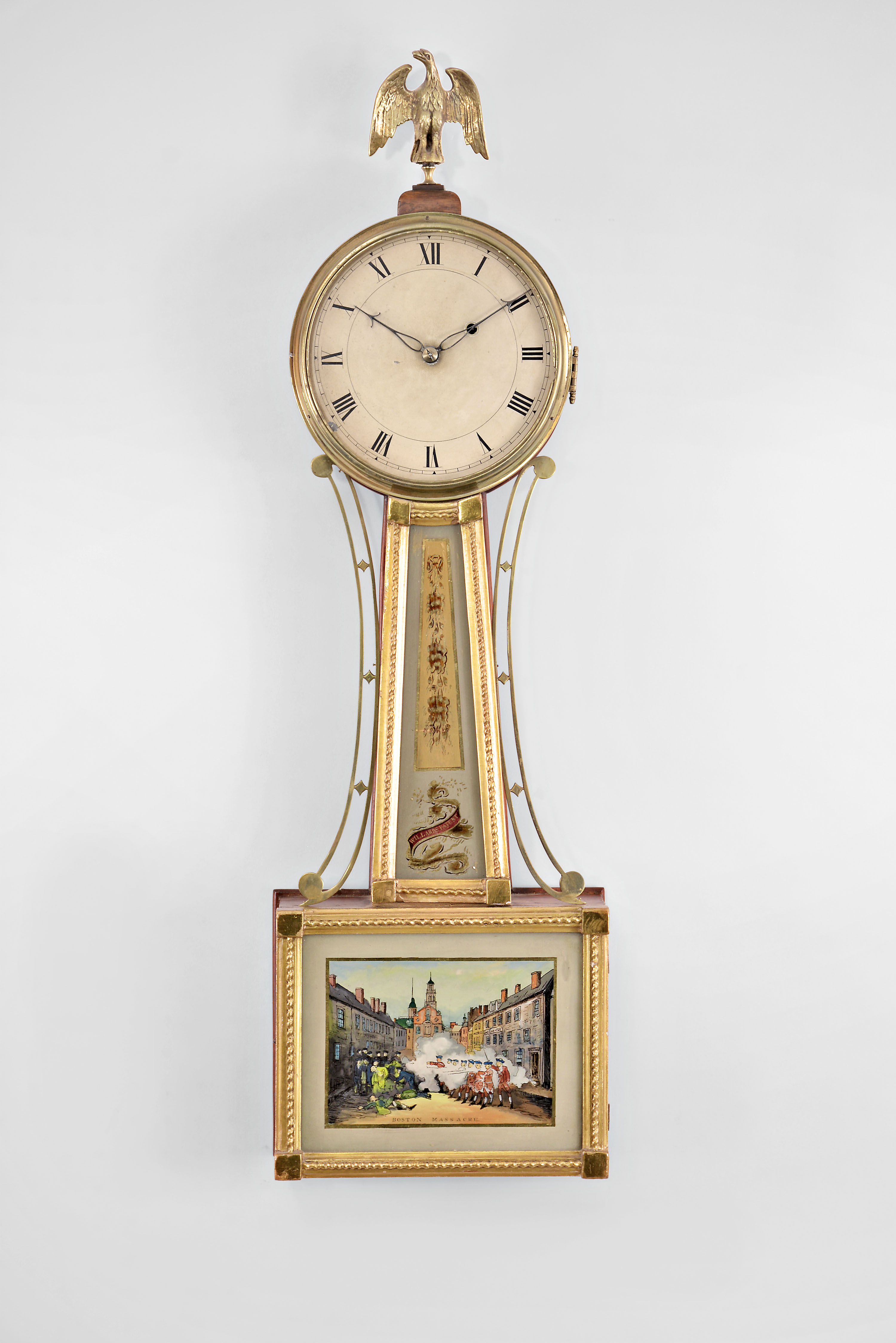Unknown, possibly Massachusetts, 8 day, weight brass movement patent or banjo wall timepiece. — Antique Clocks Price Guide