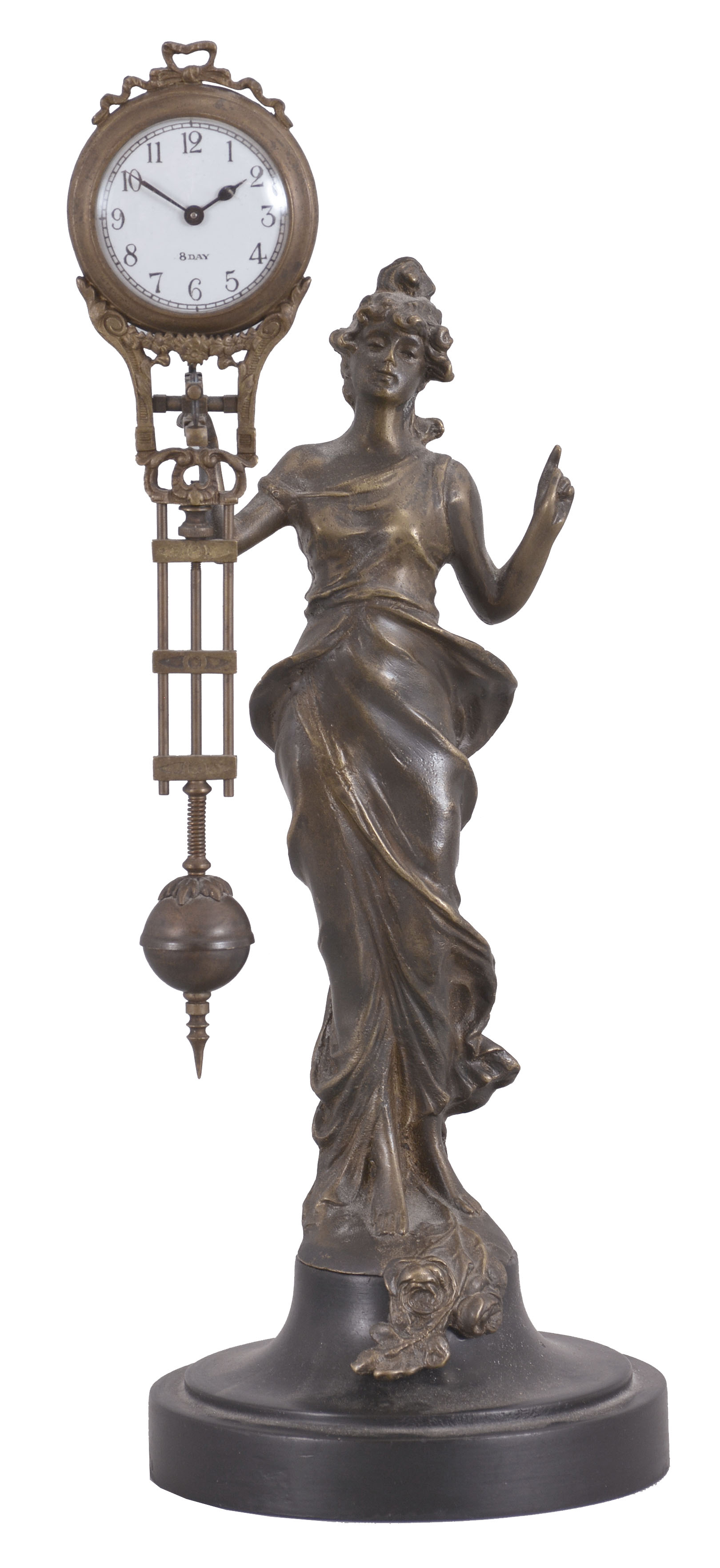 Clocks- 2 (Two): Junghans-style reprooduction swinging mystery clock, 3 to 5 days, time only, spring driven movement with compound pendulum held aloft by a female figure, c1990; (2) Oversize great-wheel skeleton clock reproduction, 8 day, spring driven exposed movement mounted to plate glass on a wood base, white enamel chapter ring, c2012. — Antique Clocks Price Guide