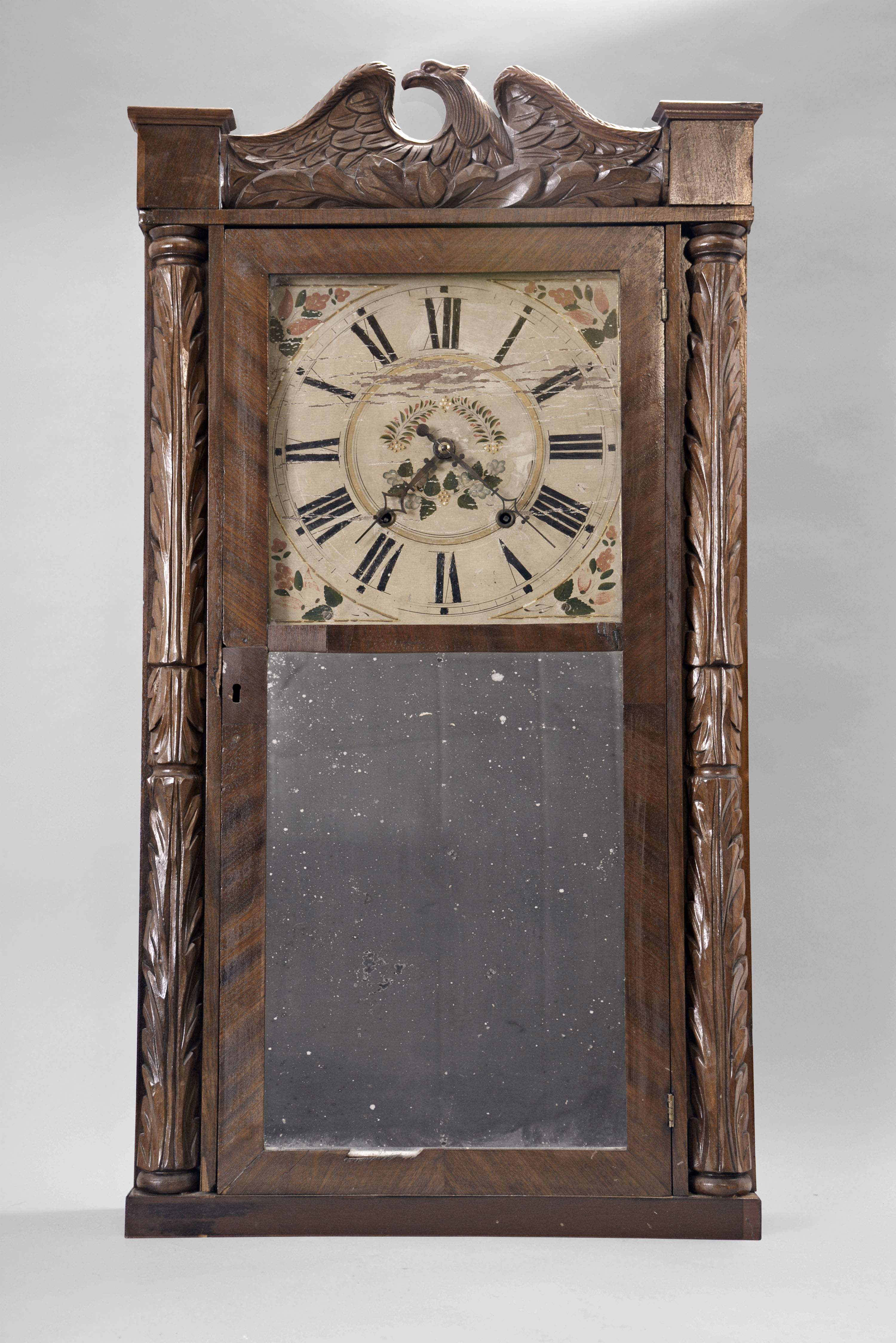 Clocks- 2 (Two): (1) Unknown, 30 hour, time and strike weight wood movement carved column & splat shelf clock. c1832 (2) Elisha Hotchkiss, Burlington, Conn., 30 hour, time and strike weight wood movement half column & splat shelf clock. c1835 — Antique Clocks Price Guide