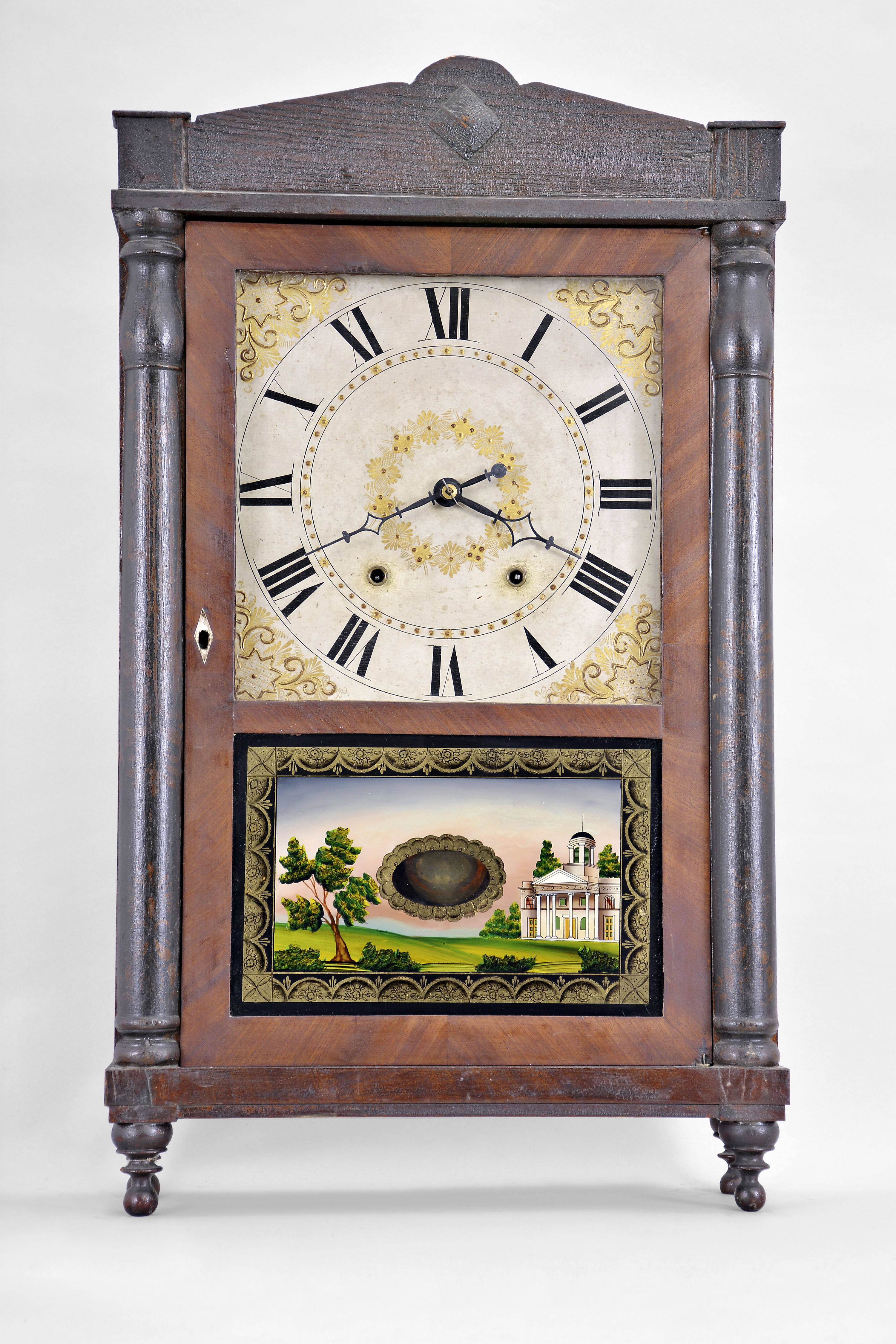 Chauncey Ives, Bristol, Conn., 30 hour, time and strike weight wood movement half column & splat shelf clock. — Antique Clocks Price Guide