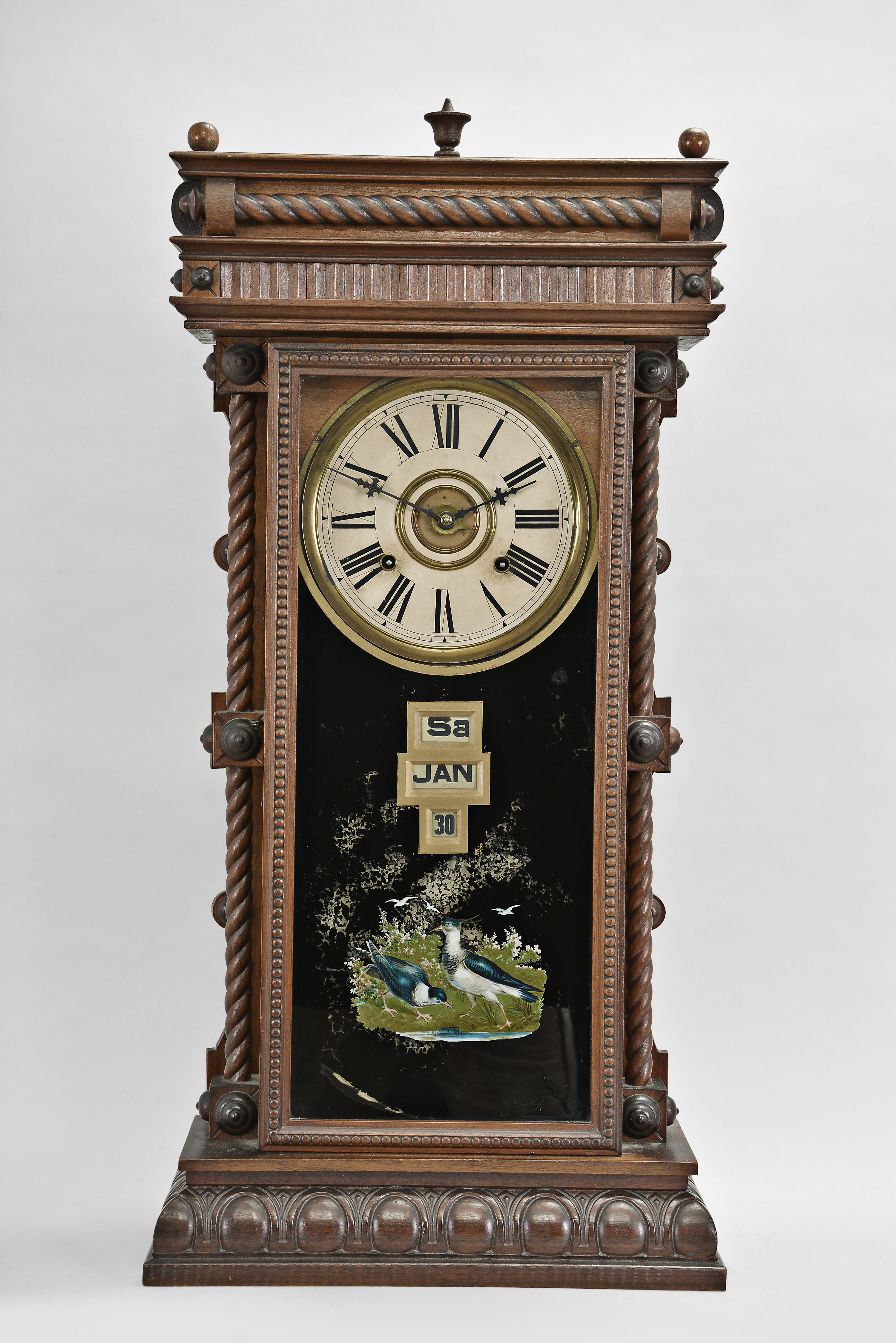 William L. Gilbert Clock Co., Winsted, Conn., "Elberon", 8 day, time and strike spring brass movement McCabe's patent calendar shelf clock. — Antique Clocks Price Guide