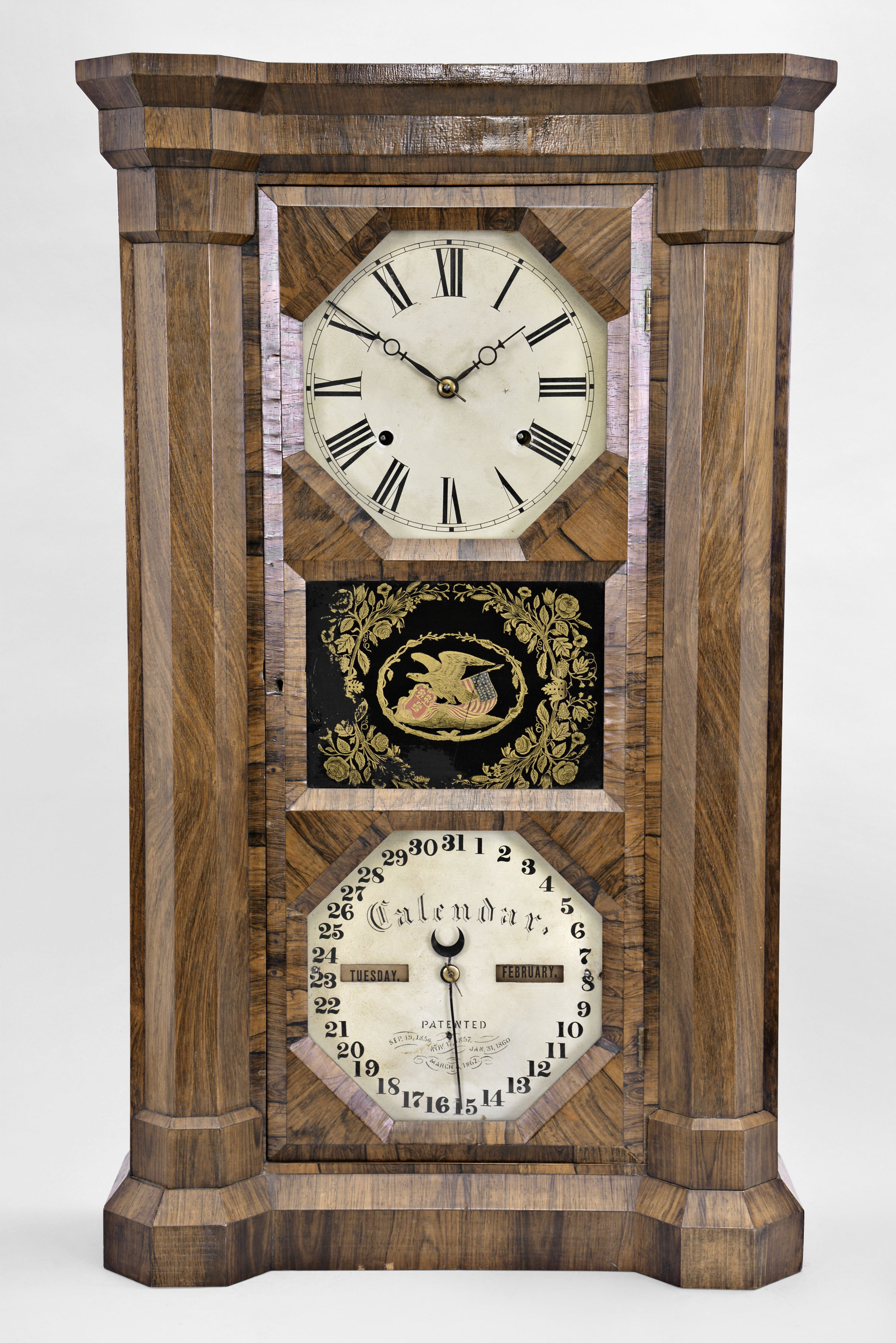 Seth Thomas Clock Co., Plymouth Hollow, Conn., "Parlor Calendar", 8 day, time and strike spring brass movement double dial calendar shelf clock. — Antique Clocks Price Guide