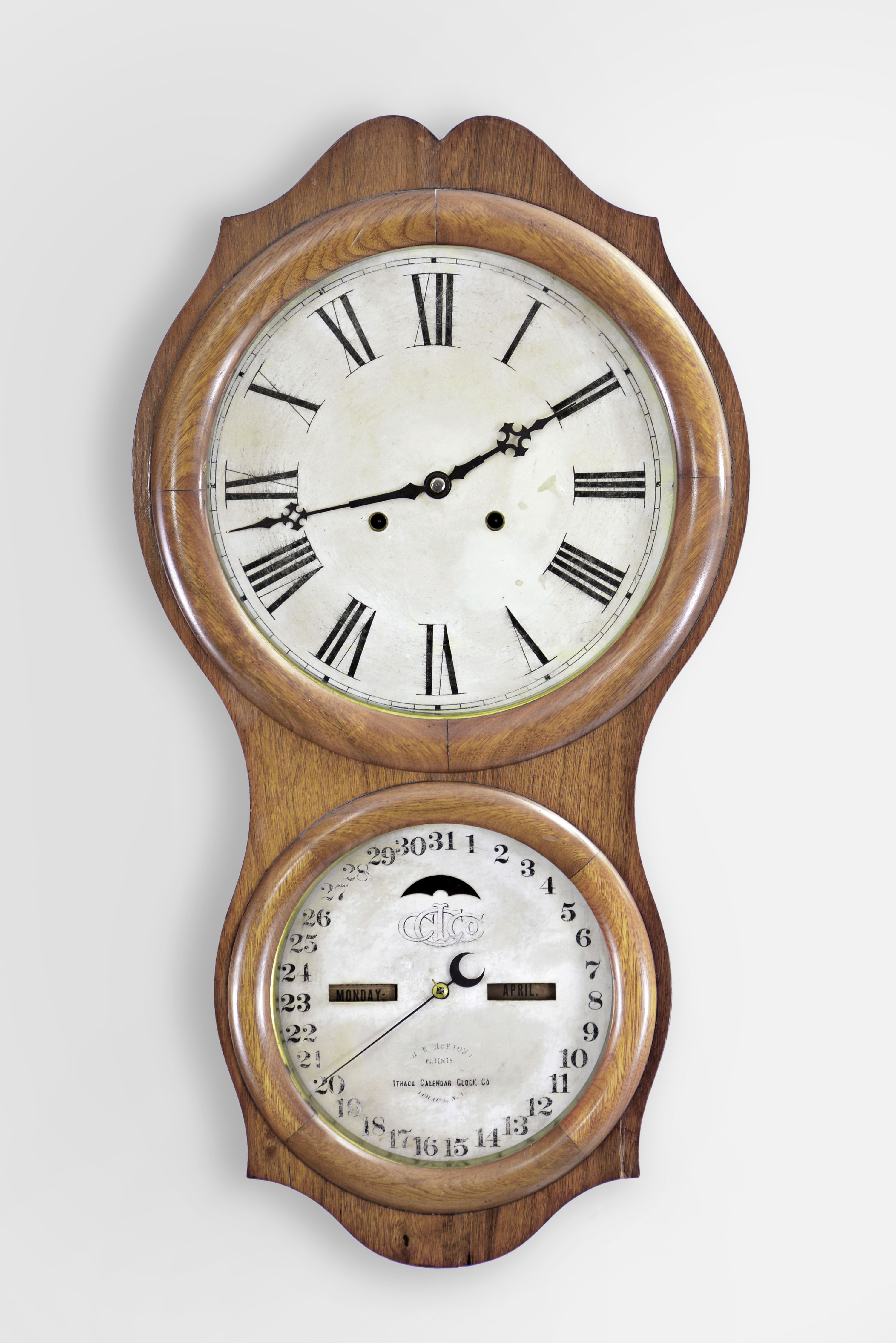 Ithaca Calendar Clock Co., Ithaca, NY, "No. 4 Hanging Office", 30 day, spring brass movement double dial calendar wall timepiece. — Antique Clocks Price Guide