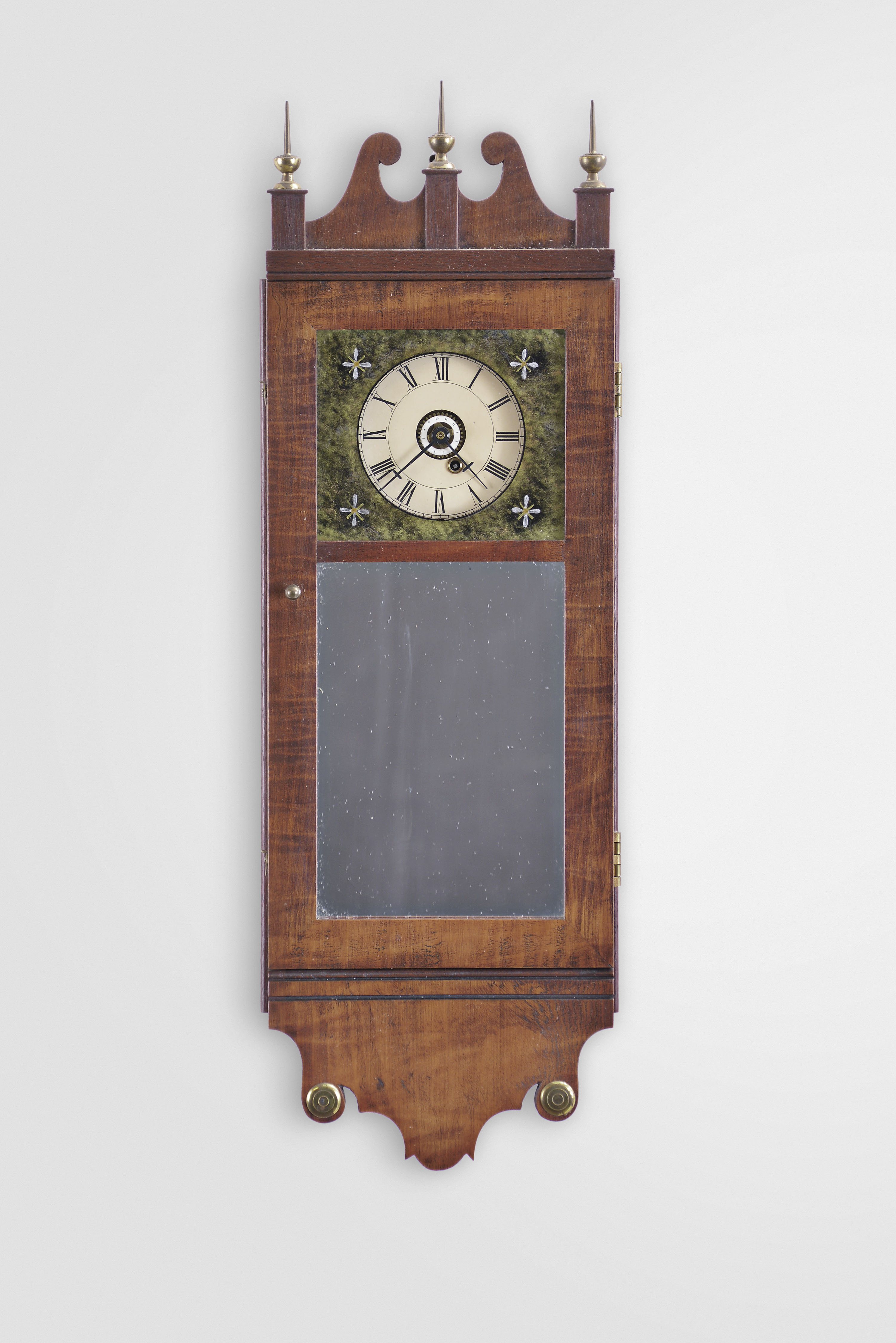 Michael Paul, Berea, Ohio, 30 hour, weight brass movement with weight alarm miniature timepiece copy of an I. Dewey, Chelsea, Vermont, New Hampshire mirror clock. This example is number 3 of 15. — Antique Clocks Price Guide