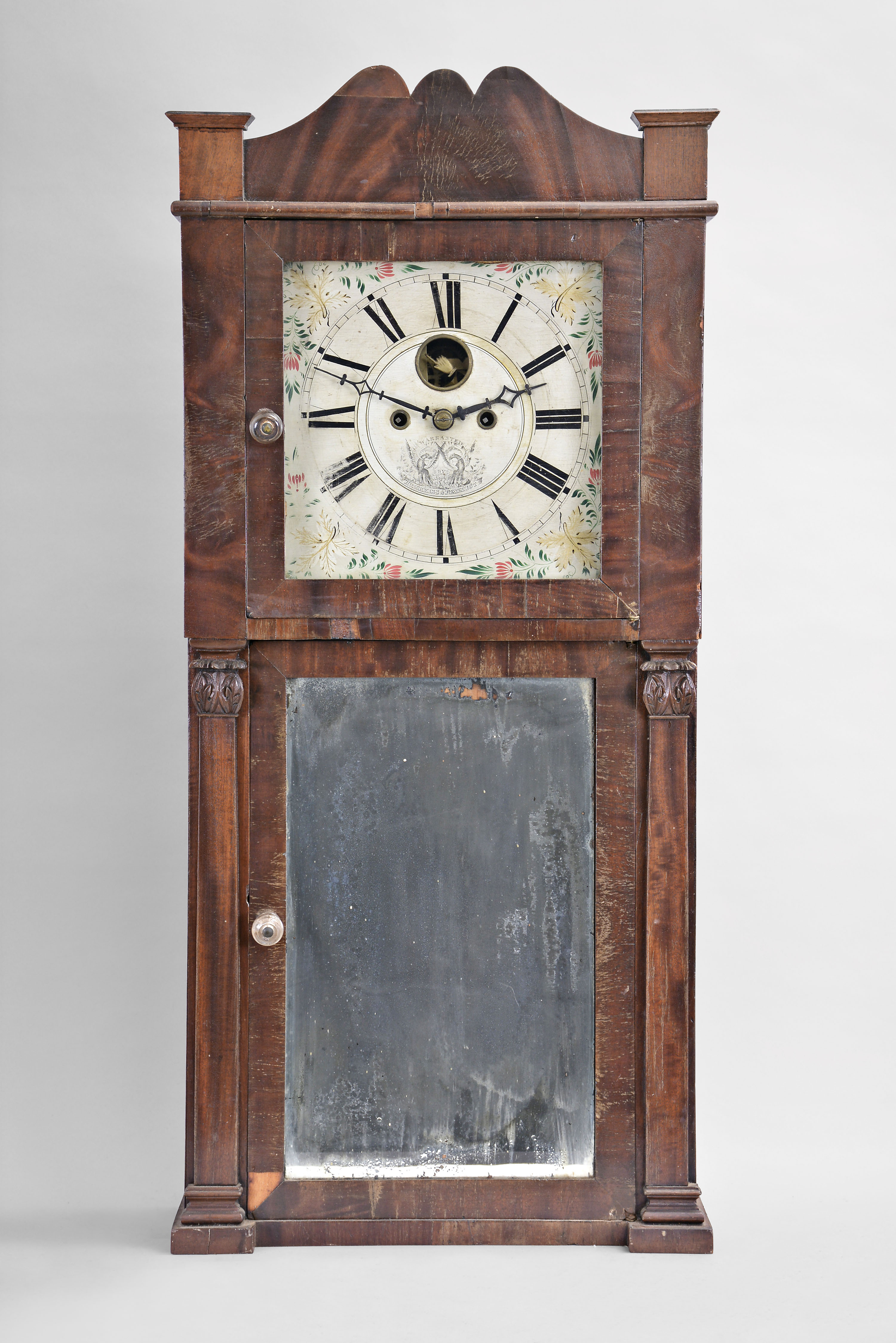 Hotchkiss & Benedict, Auburn, New York, 8 day, time and strike weight brass movement flat column and splat shelf clock. — Antique Clocks Price Guide