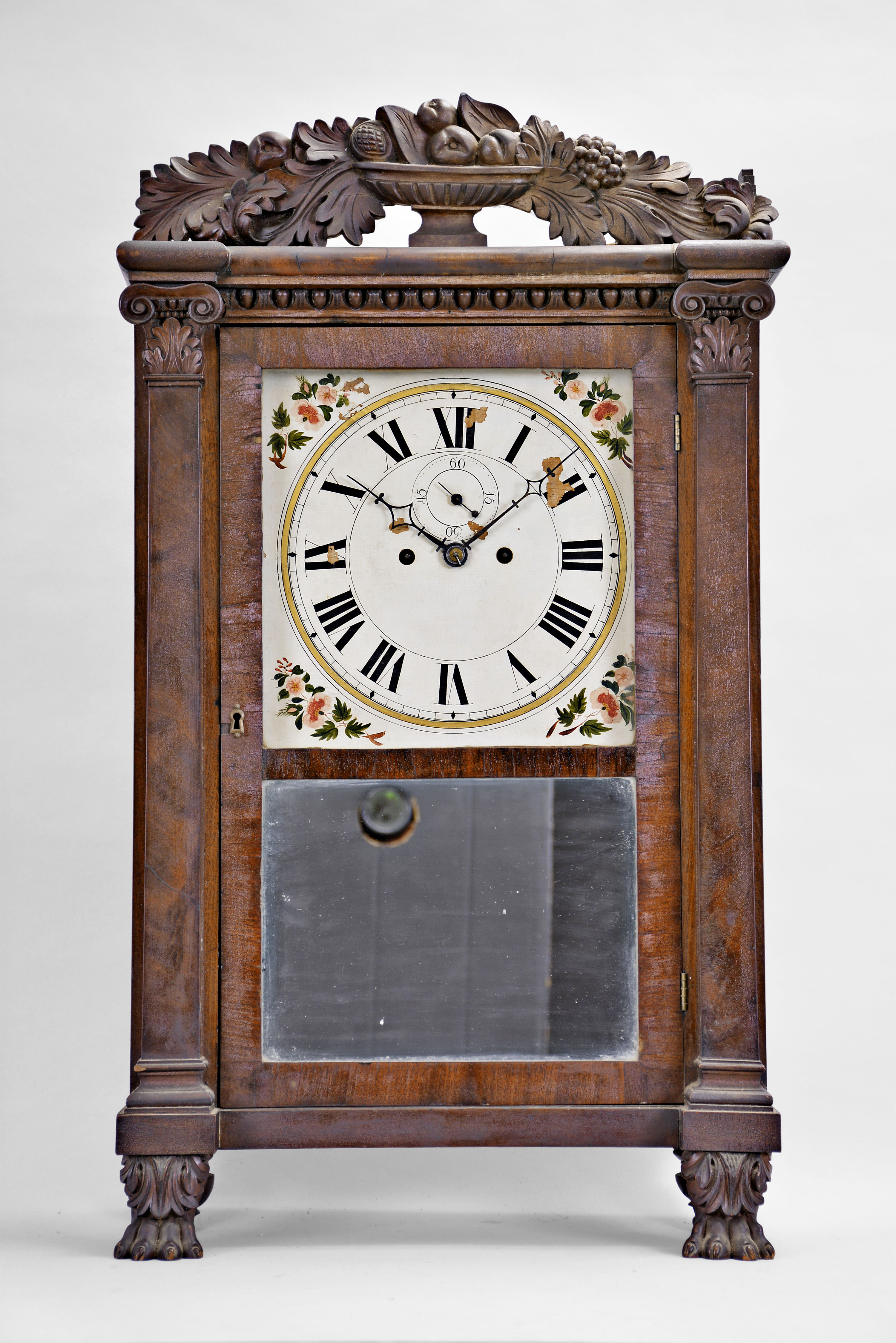 (Attributed to) Sylvester Clarke, Salem Bridge, Conn., 8 day, time and strike weight brass movement flat column with carved crest and feet shelf clock. — Antique Clocks Price Guide