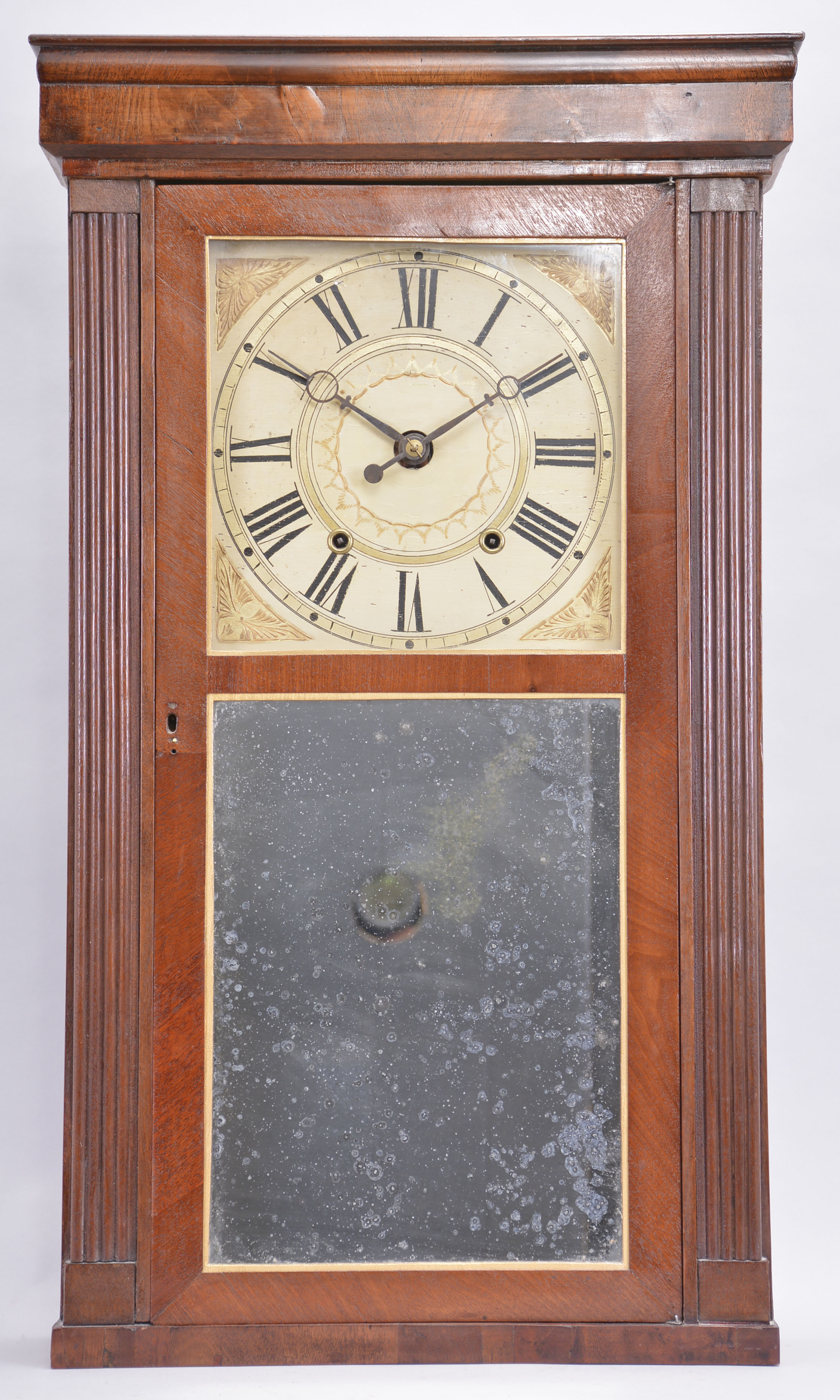Clocks- 2 (Two): (1) Henry C. Smith, Bristol, Conn., 30 hour, time and strike weight wood movement reeded pilaster and cornice top shelf clock. c1835 (2) Jerome & Darrow, Bristol, Conn. 30 hour, time and strike, weight wood movement column & cornice shelf clock. c1830 — Antique Clocks Price Guide