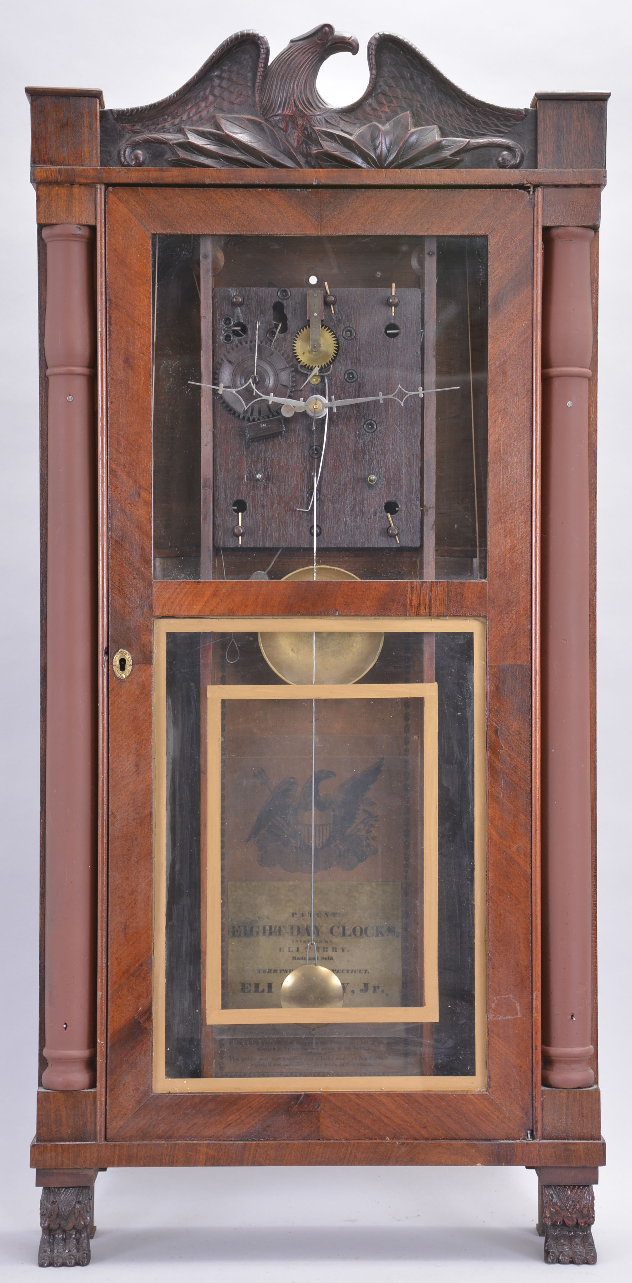 Clocks- 3 (Three) :,(1) Bloomer & Sperry, New York, 30 hour, time and strike weight brass movement 4-column and OG molding shelf clock. c1845 (2) Eli Terry, Jr., Terrysville, Conn., 8 day, time and strike weight wood movement half column & eagle splat shelf clock. c1830 (3) David Dutton, Mount Vernon, New Hampshire, 30 hour, time, strike and alarm quarter column & splat shelf clock. c1830 — Antique Clocks Price Guide