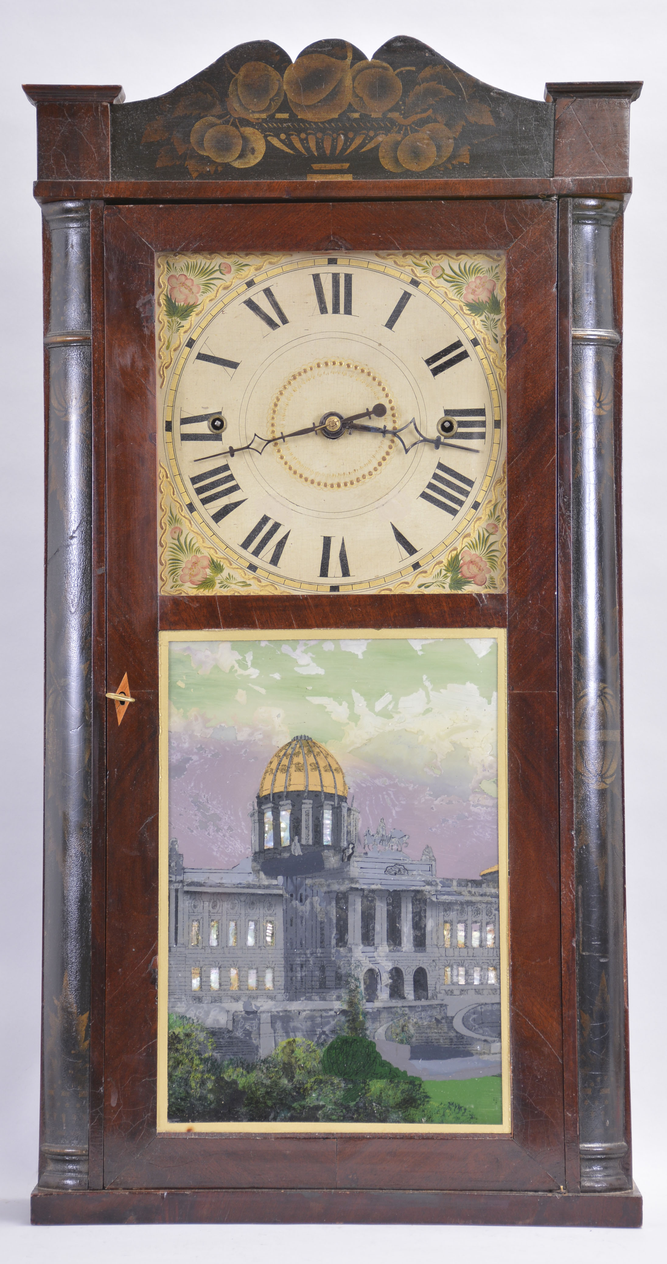 Clocks- 3 (Three) :(1) Forestville Mfg. Co., Bristol, Conn., 8 day, time and strike weight brass movement column & cornice shelf clock. c1850 (2) Henry Judd, Torrington, Conn., 30 hour, time and strike weight wood Torrington movement shelf clock. c1830. (3) Riley Whiting, Winchester, Conn., 8 day, time and strike weight wood movement column & cornice top shelf clock. c1830 — Antique Clocks Price Guide