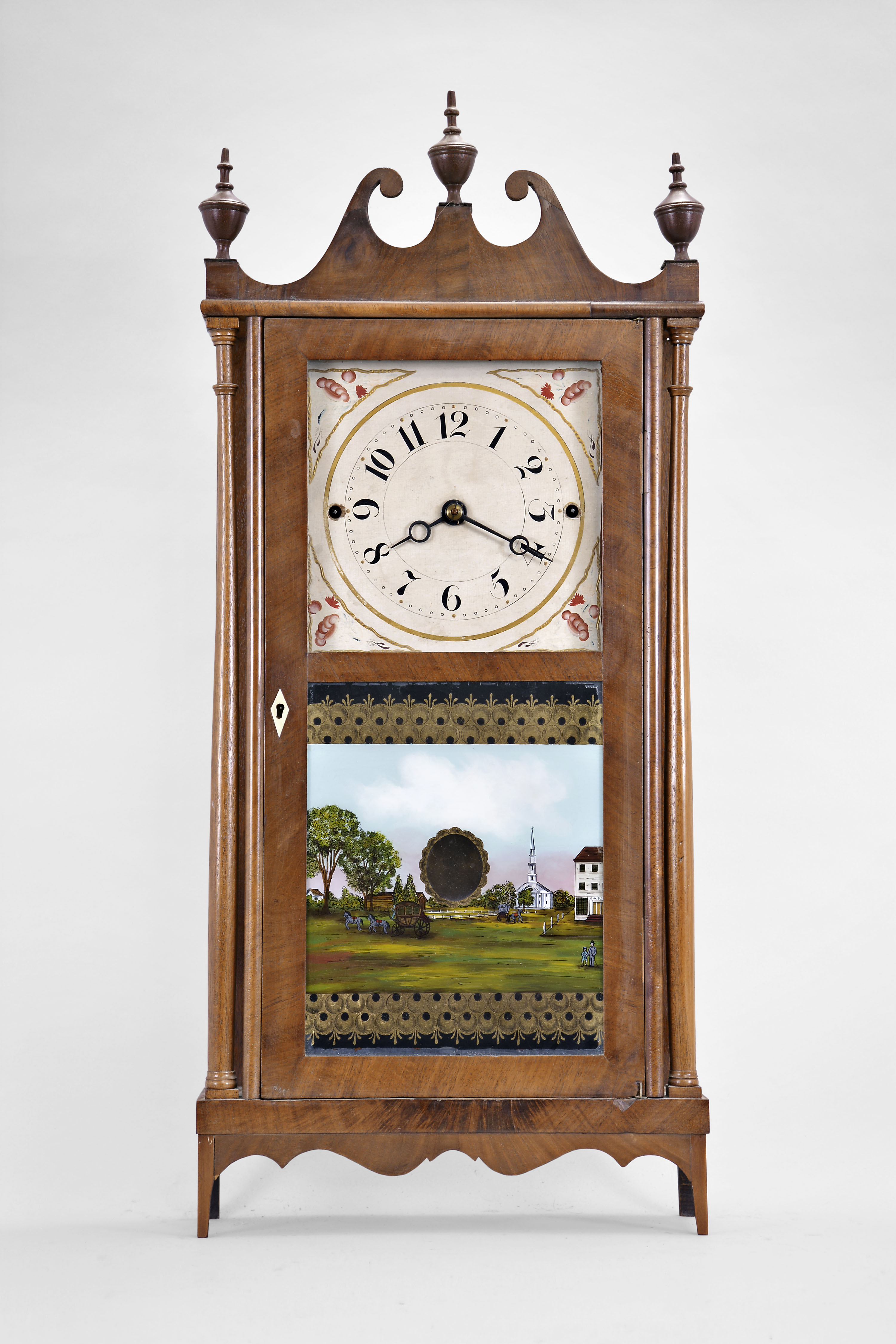 Erastus Hodges, Torrington, Conn., 30 hour, time and strike weight wood Torrington movement pillar & scroll shelf clock. — Antique Clocks Price Guide