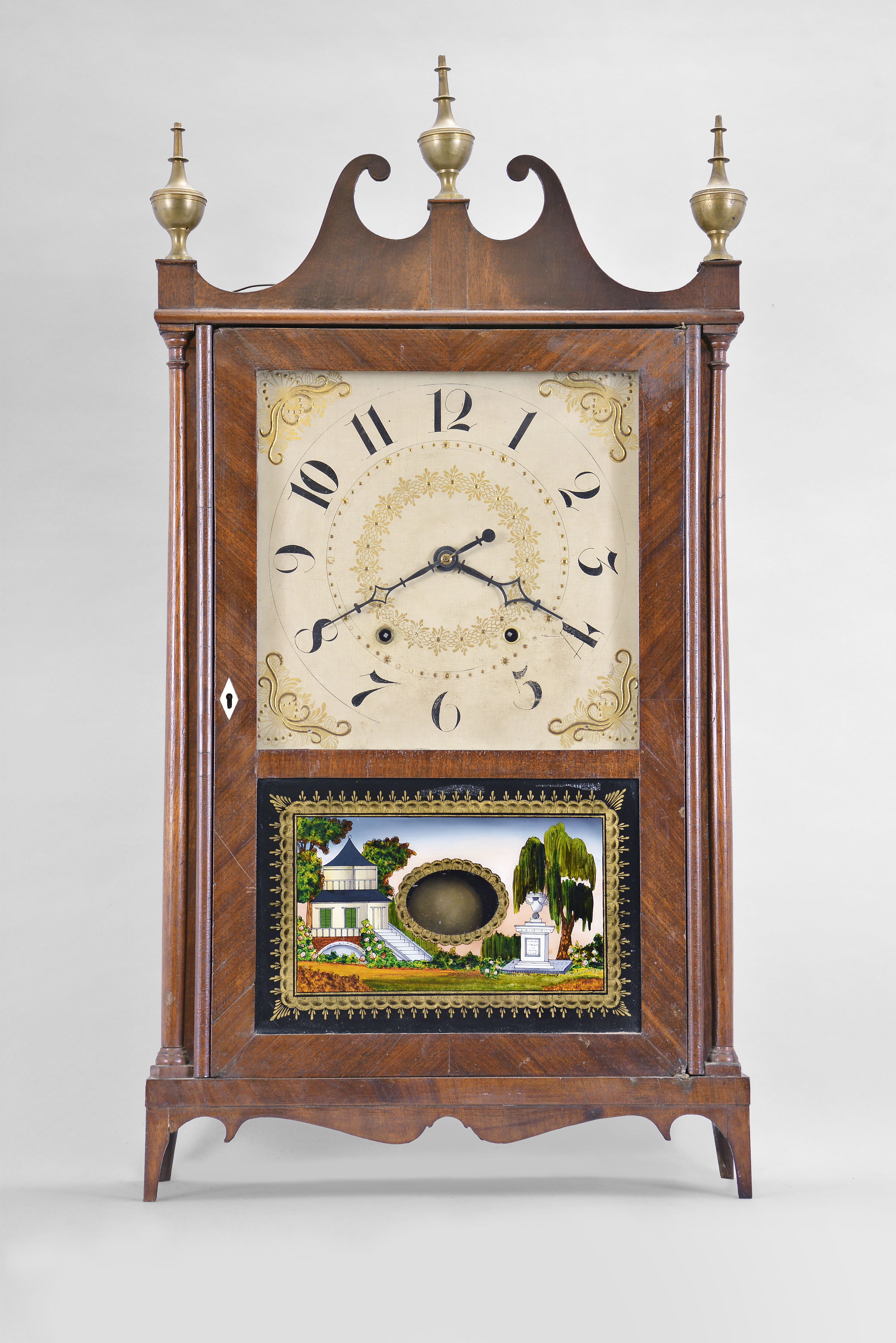 Chauncey Ives, Bristol, Conn., 8 day, time and strike weight wood movement pillar & scroll shelf clock — Antique Clocks Price Guide