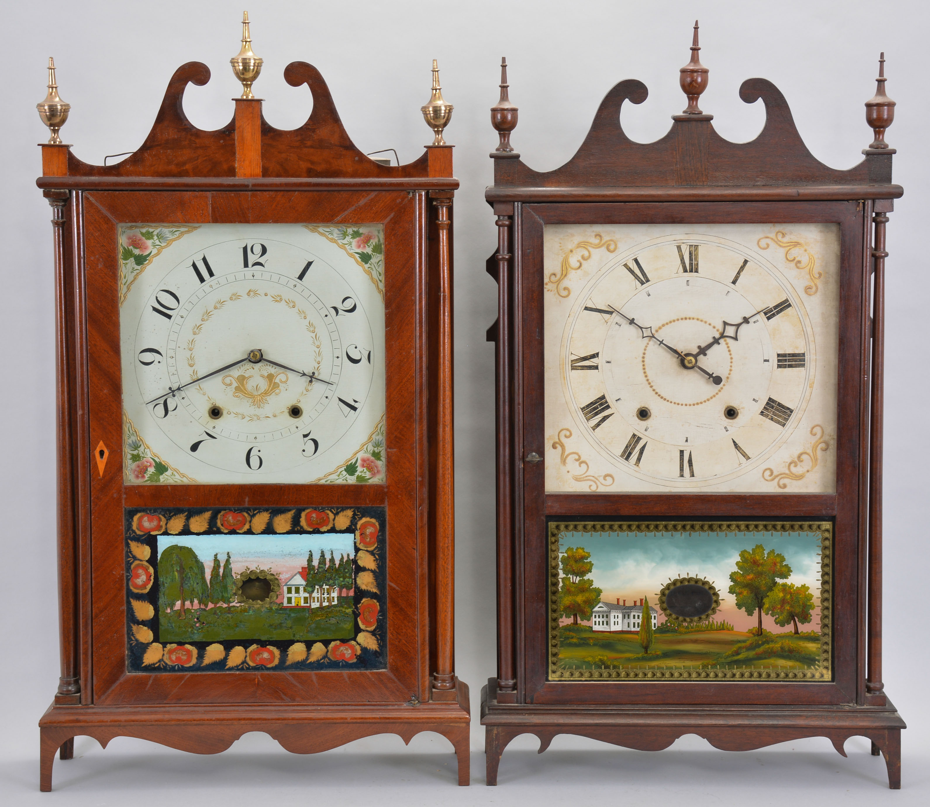 Clocks- 2 (Two): (1) Wadworths & Turners, LItchfield, Conn., 30 hour, time and strike weight wood movement pillar & scroll shelf clock. c1830 (2) Bunnell & Scoville, Owego, Tioga County, New York, 30 hour, time and strike weight wood movement pillar & scroll shelf. — Antique Clocks Price Guide