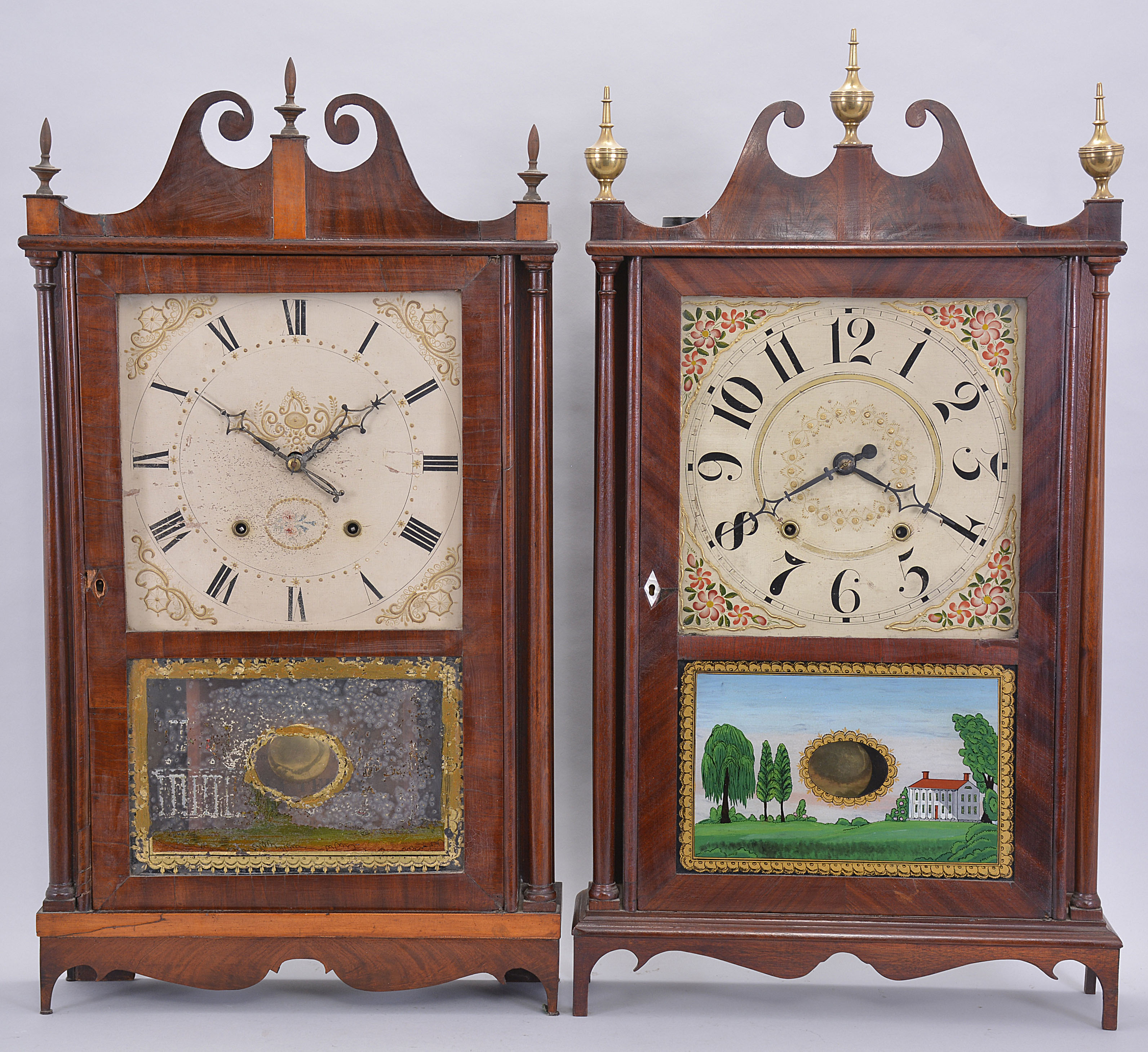 Clocks- 2 (Two): (1) Eli Terry, Plymouth, Conn., 30 hour, time and strike weight wood movement pillar & scroll shelf clock. c1820 (2) (Possibly) Ephraim Downs, Bristol, 30 hour, time and strike weight wood movement pillar & scroll shelf clock. c1830. — Antique Clocks Price Guide