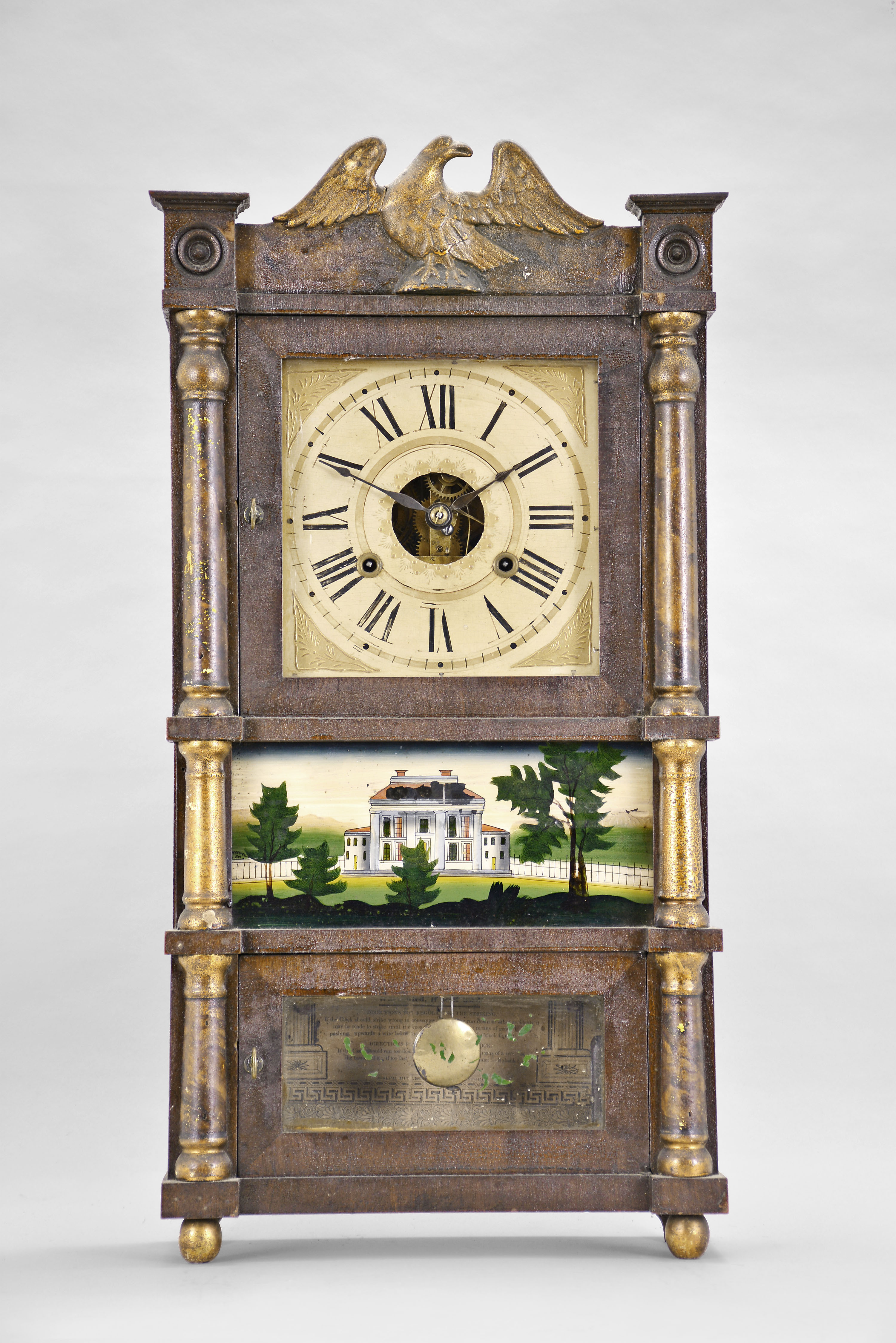 Birge, Mallory & Co., Bristol, Conn., 30 hour, time and strike weight strap brass movement miniature triple decker shelf clock. — Antique Clocks Price Guide