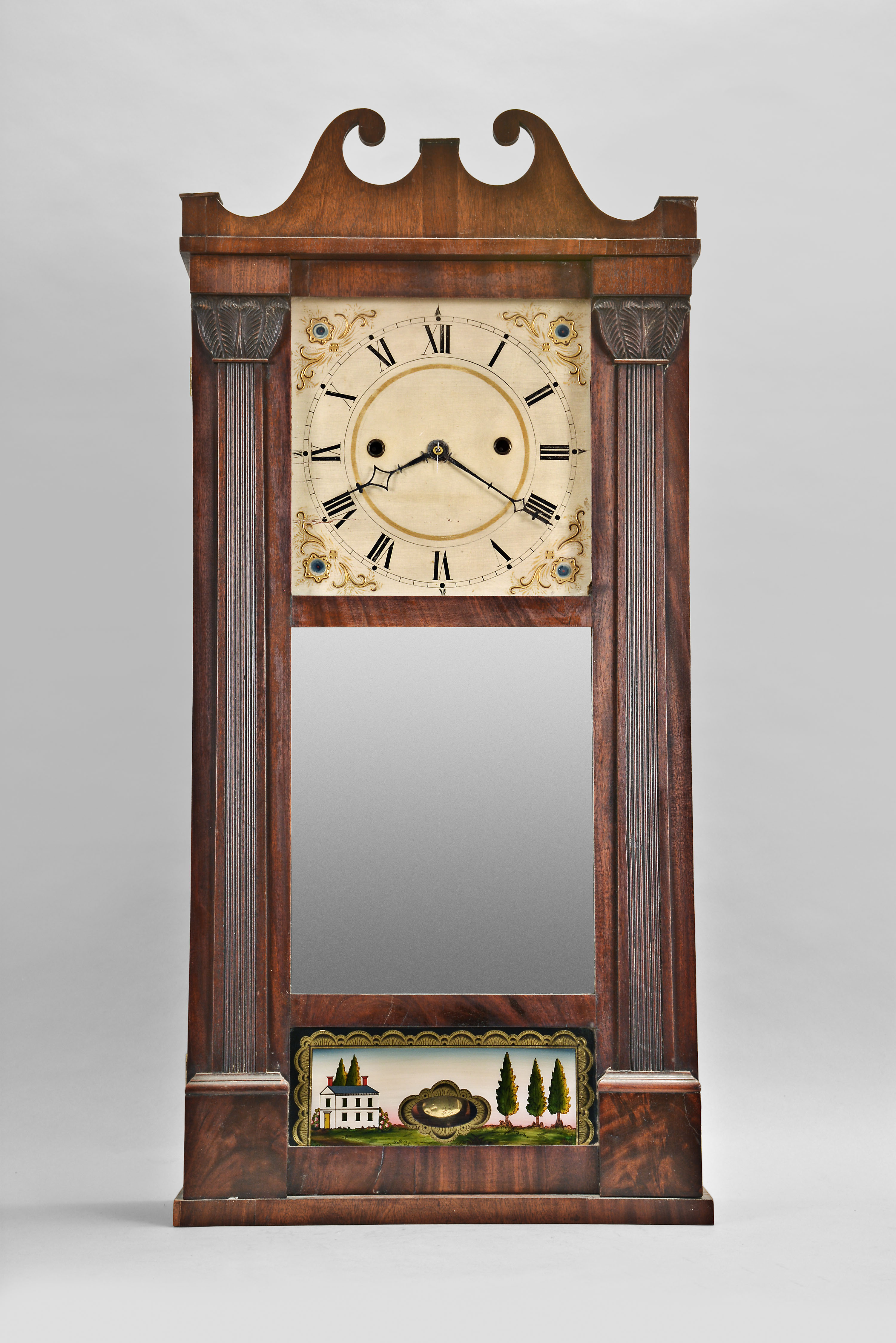 Ives & Lewis, Bristol Conn., 30 hour, time and strike weight seat board wood roller pinion movement reeded pilaster and scroll top shelf clock. — Antique Clocks Price Guide