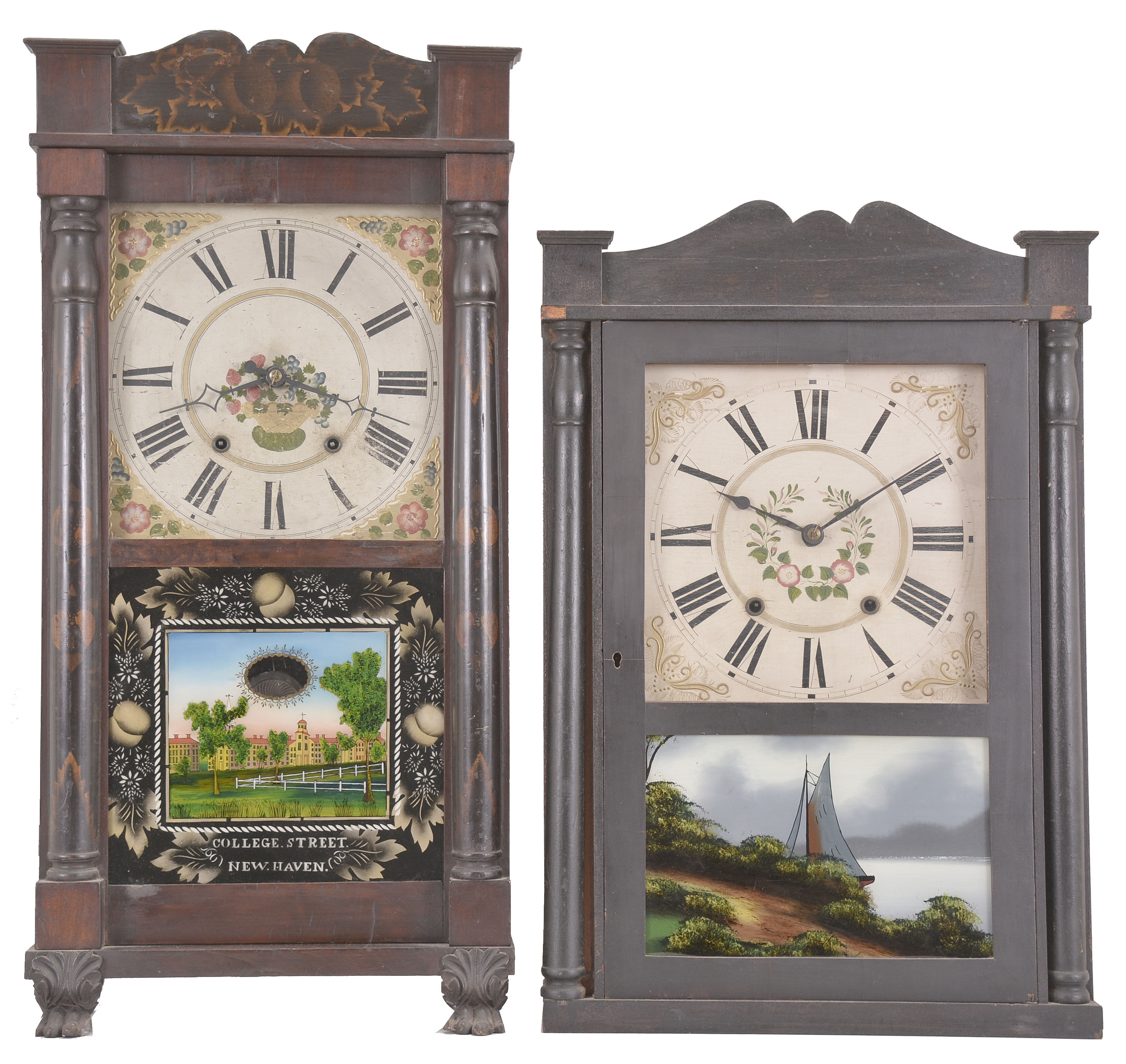 Clocks- 2 (Two): (1) E. Terry & Son, Plymouth, Conn., 30 hour, time and strike weight wood movement half column & splat shelf clock. c1830 (2) Olcott Cheney, Berlin, Conn., 30 hour, time and strike weight wood movement half column & splat shelf clock. c1831 — Antique Clocks Price Guide