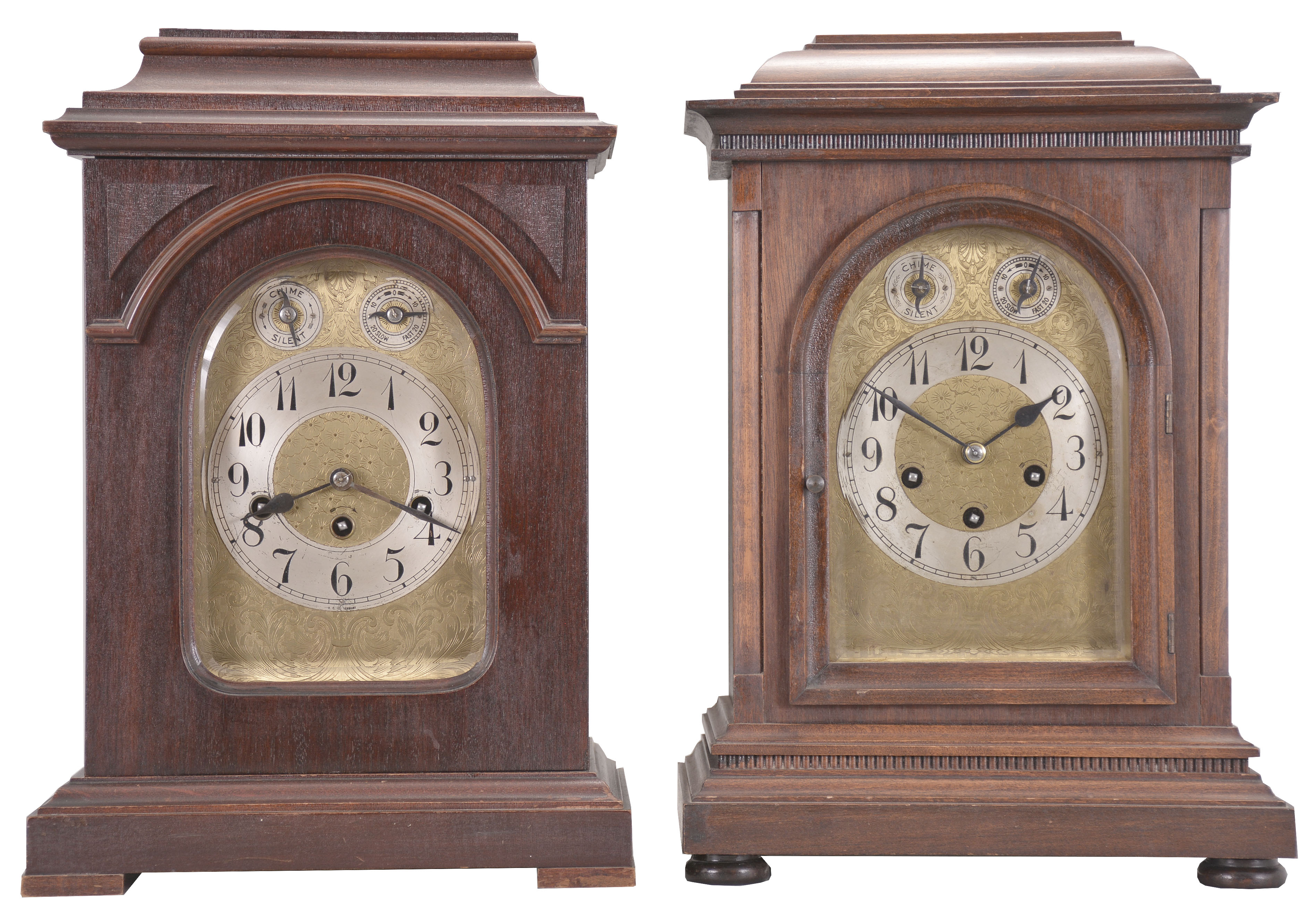 Clocks- 2 (Two): (1) German, 8 day, time, strike and Westminster chime spring brass movement mantel clock. c1910 (2) Junghans, 8 day, time, strike and Westminster chime spring brass movement mantel clock. c1900. — Antique Clocks Price Guide
