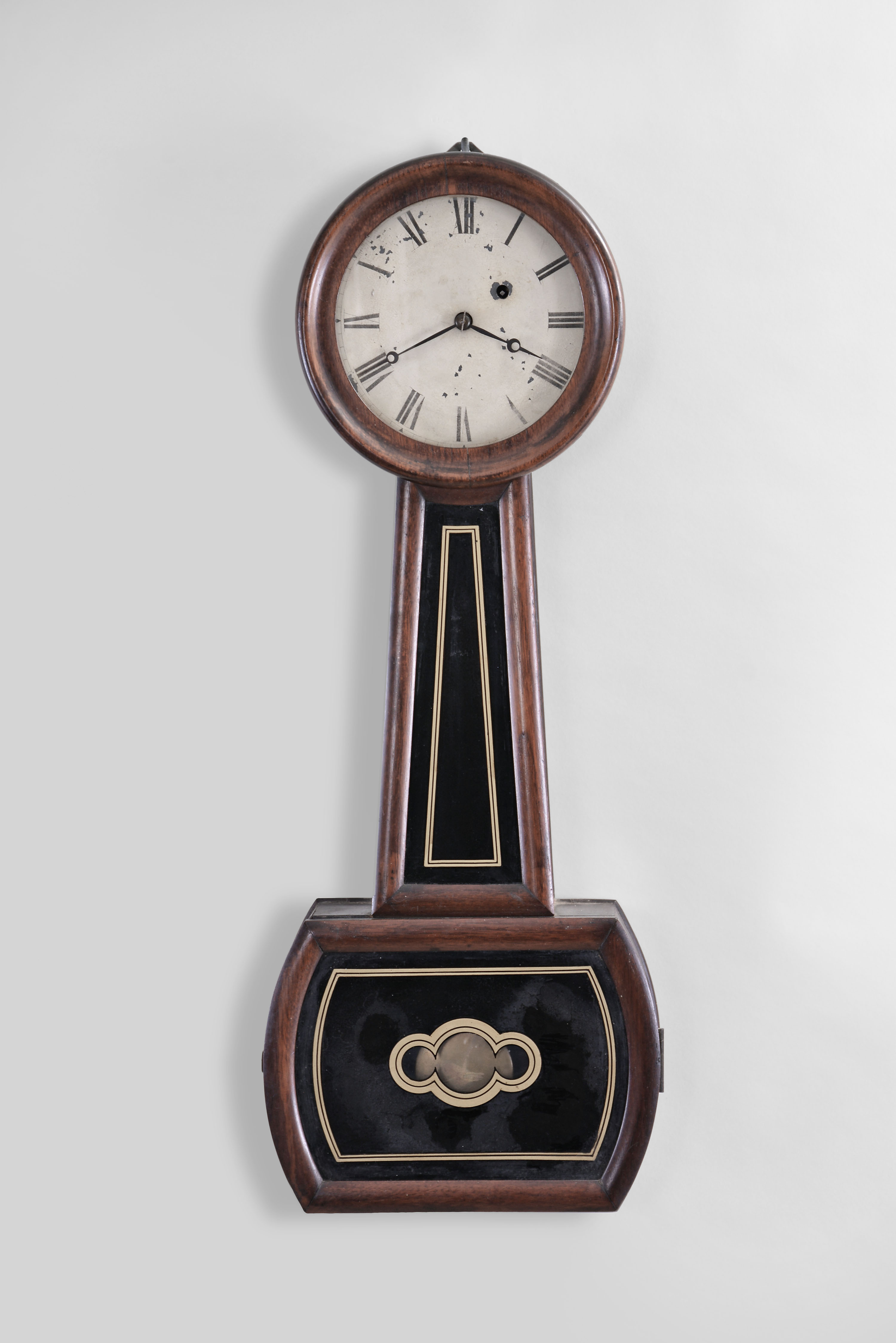 Clocks- 2 (Two): (1) Massachusetts, 8 day, weight brass movement patent or banjo timepiece. c1830 (2) Massachusetts, possibly North Attleboro, 8 day, weight brass movement patent or banjo timepiece. c1865 — Antique Clocks Price Guide
