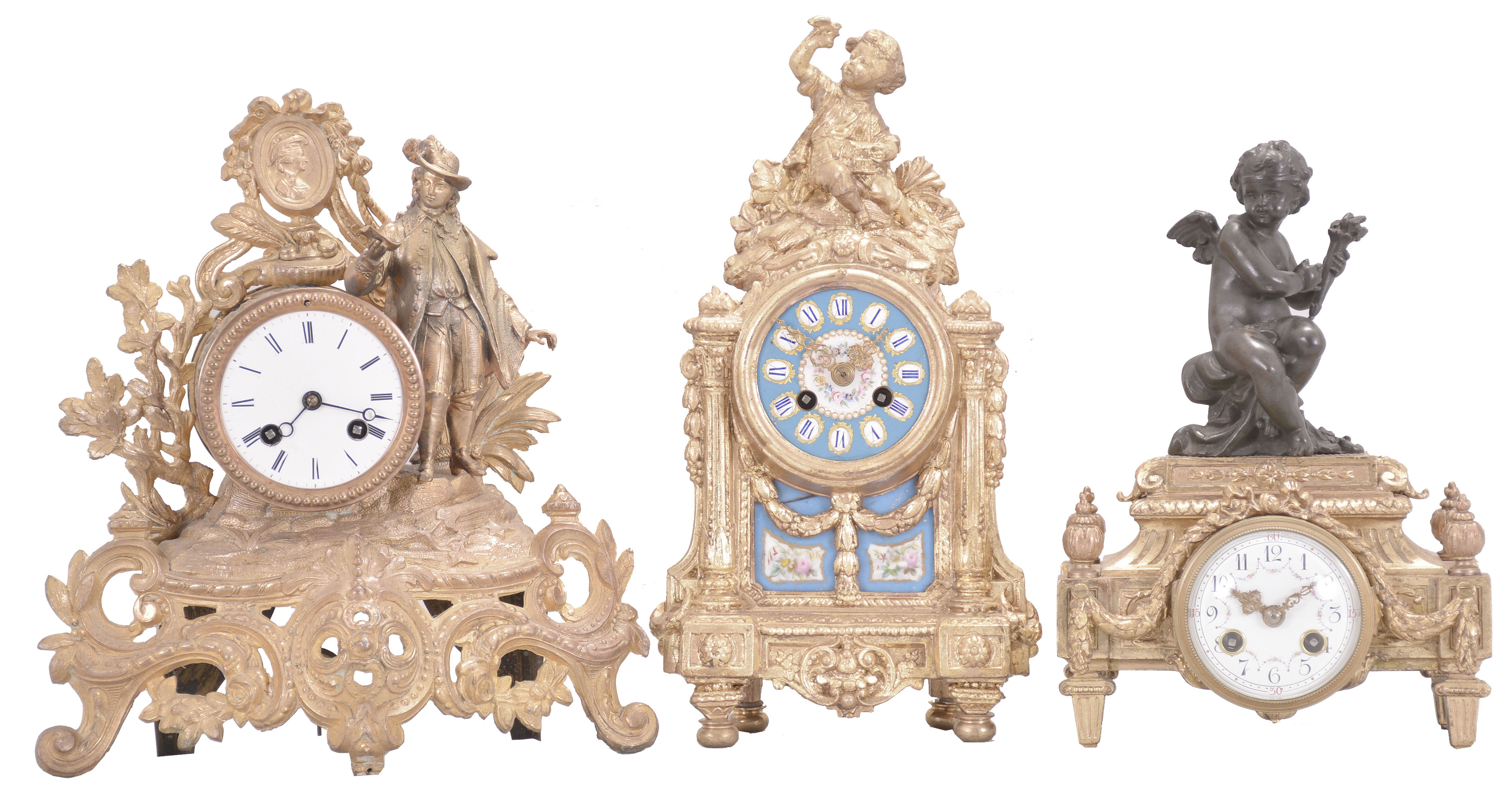 Clocks- 3 (Three) French: (1) Japy Freres & Cie, Paris, figural mantel clock, 8 day, time and strike, spring driven pendule de Paris movement in a gilt cast metal case featuring a finely dressed young man, c1865; (2) France, mantel clock, 8 day, time and strike, spring driven pendule de Paris movement in a gilt cast case with polychrome dial and panel surmounted by a boy holding a bird; (3) AD Mougin, Paris, mantel clock, 8 day, time and strike, spring driven movement with lever escapement in a gilt cast case with enamel dial, surmounted by a putto figure holding a torch, c1900. — Antique Clocks Price Guide
