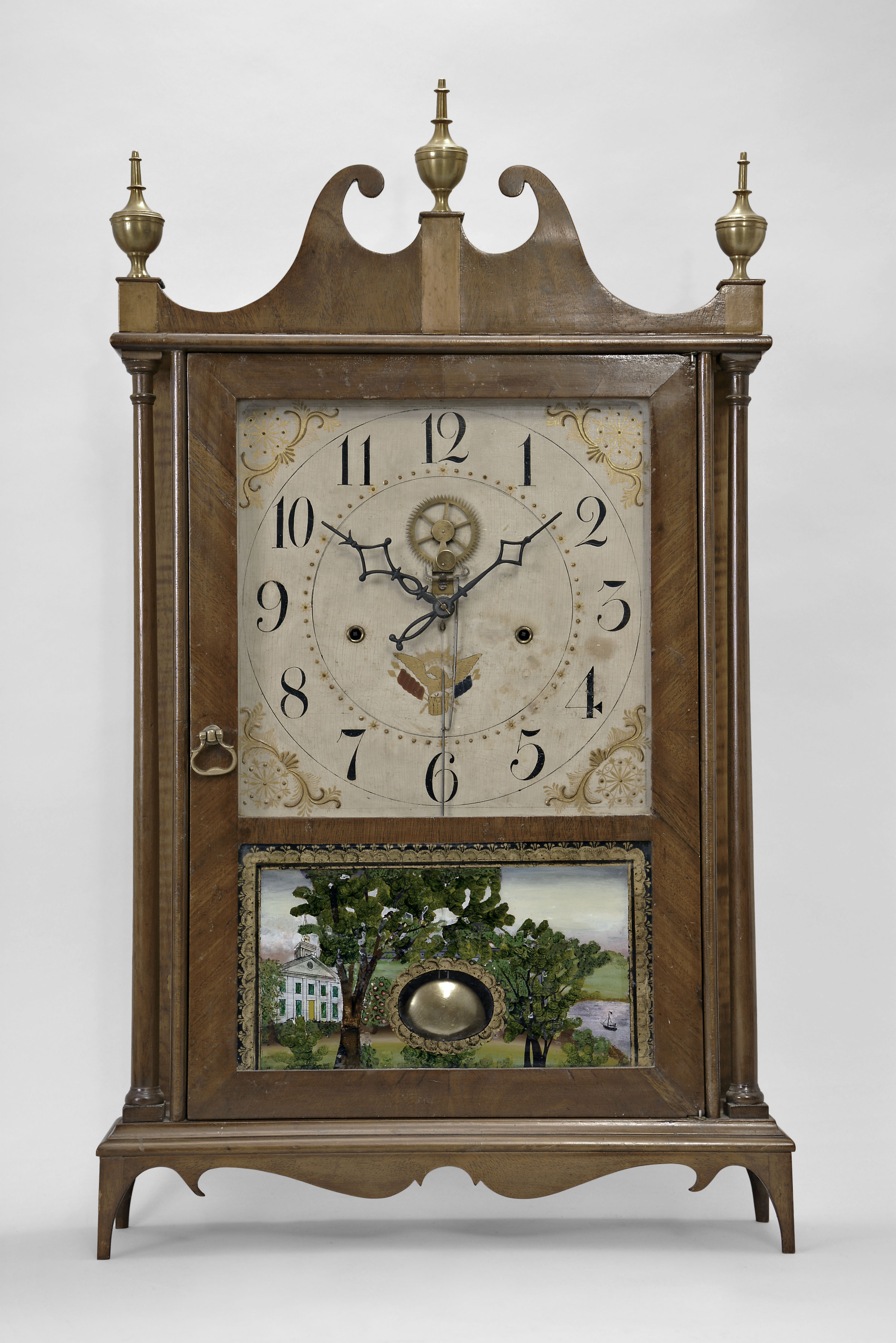 Eli Terry, Plymouth, Conn., 30 hour, time and strike weight wood movement outside escapement pillar & scroll shelf clock. — Antique Clocks Price Guide