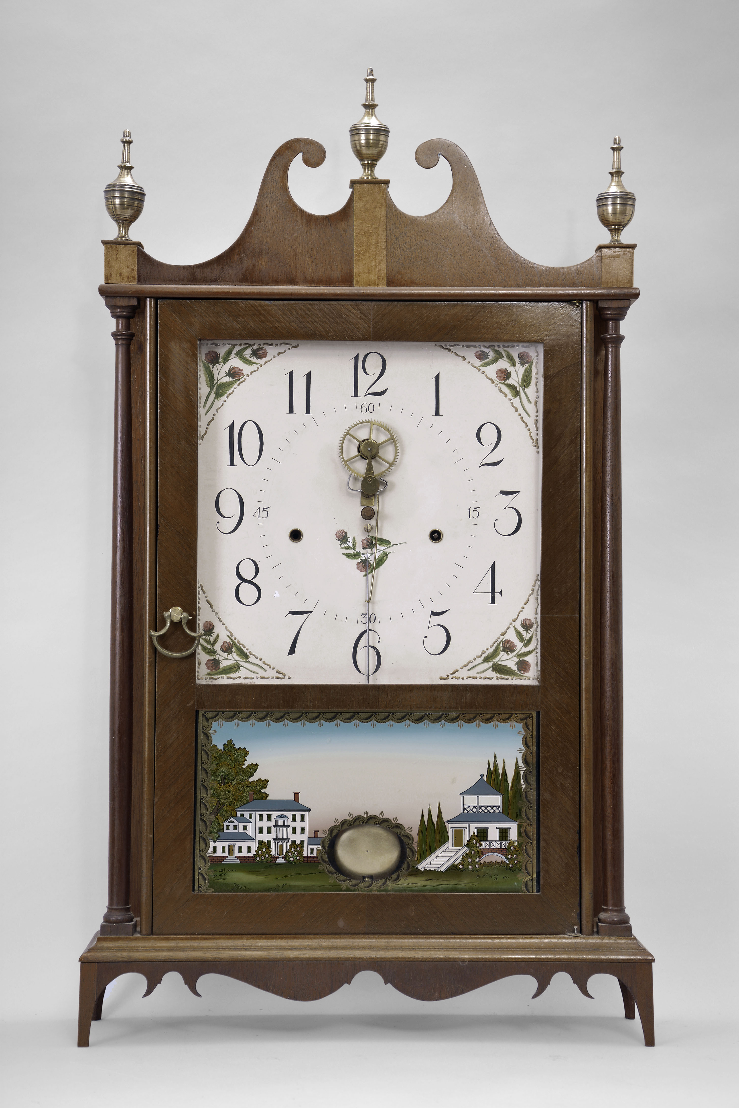 George Bruno, Torrington, Conn. reproduction of a 30 hour, time and strike weight wood movement outside escape pillar & scroll shelf clock. — Antique Clocks Price Guide