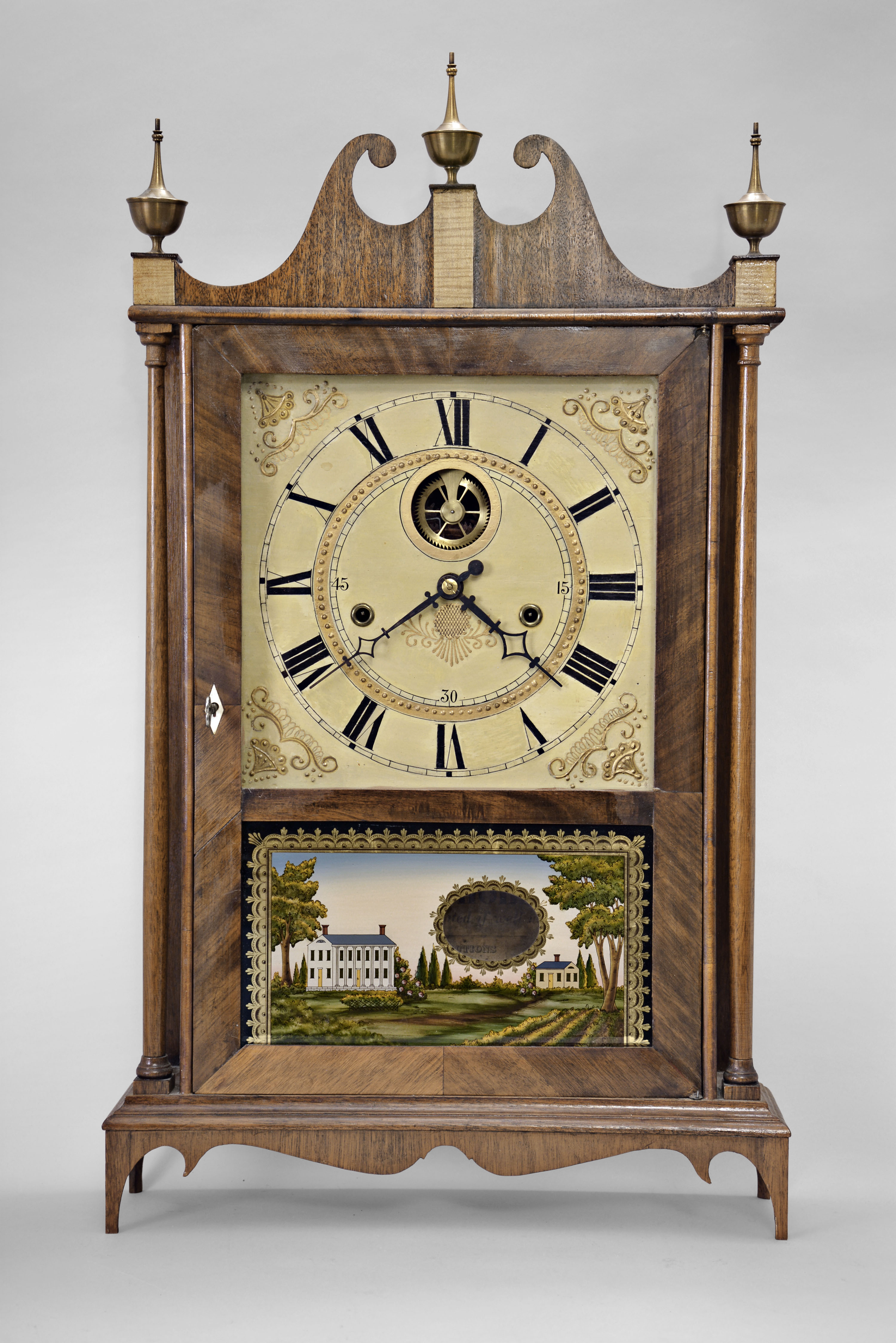 Reproduction of a Seth Thomas, Plymouth, Conn., 30 hour, time and strike weight wood off-center movement pillar & scroll shelf clock. — Antique Clocks Price Guide