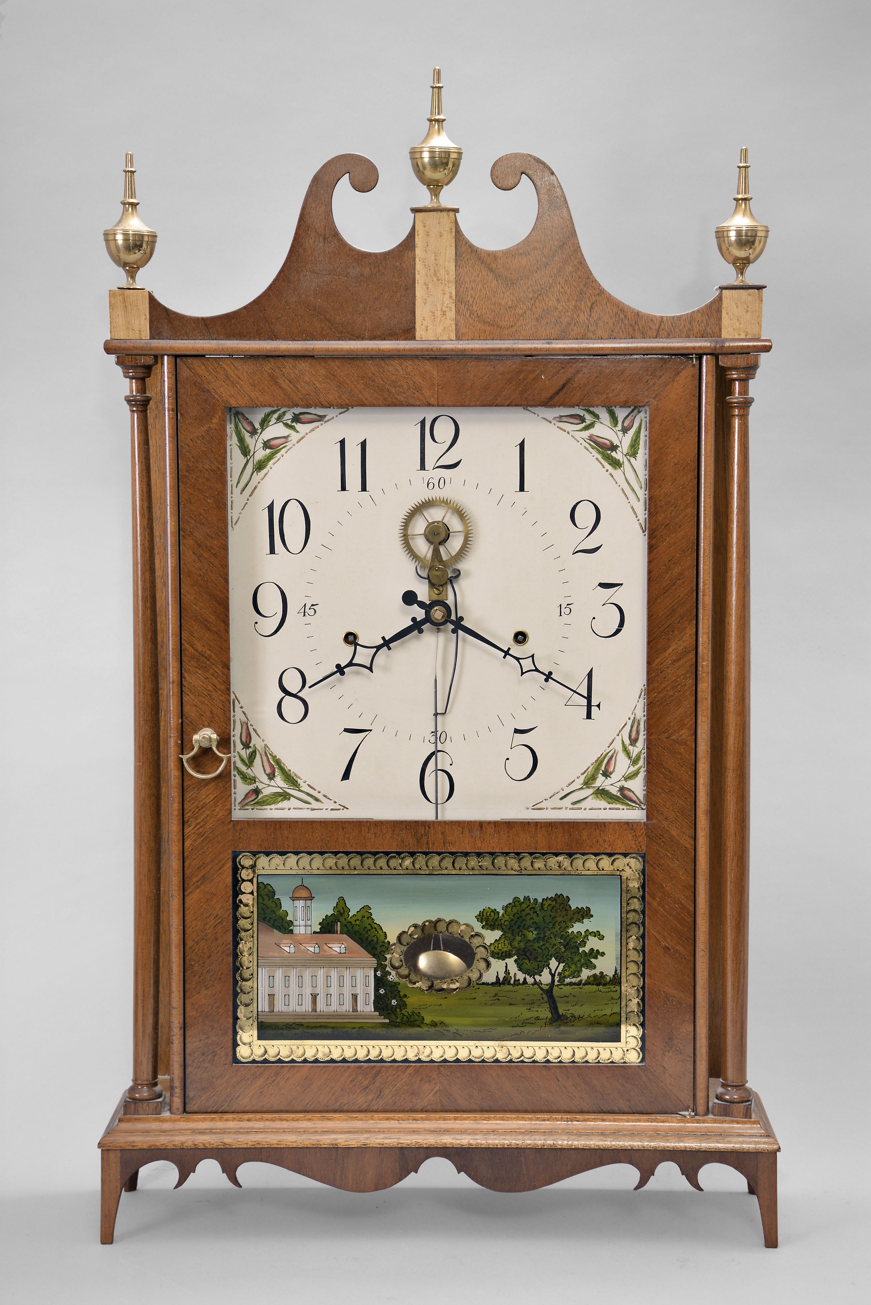George Bruno, Torrington, Conn. reproduction of a 30 hour, time and strike weight wood movement outside escape pillar & scroll shelf clock. — Antique Clocks Price Guide