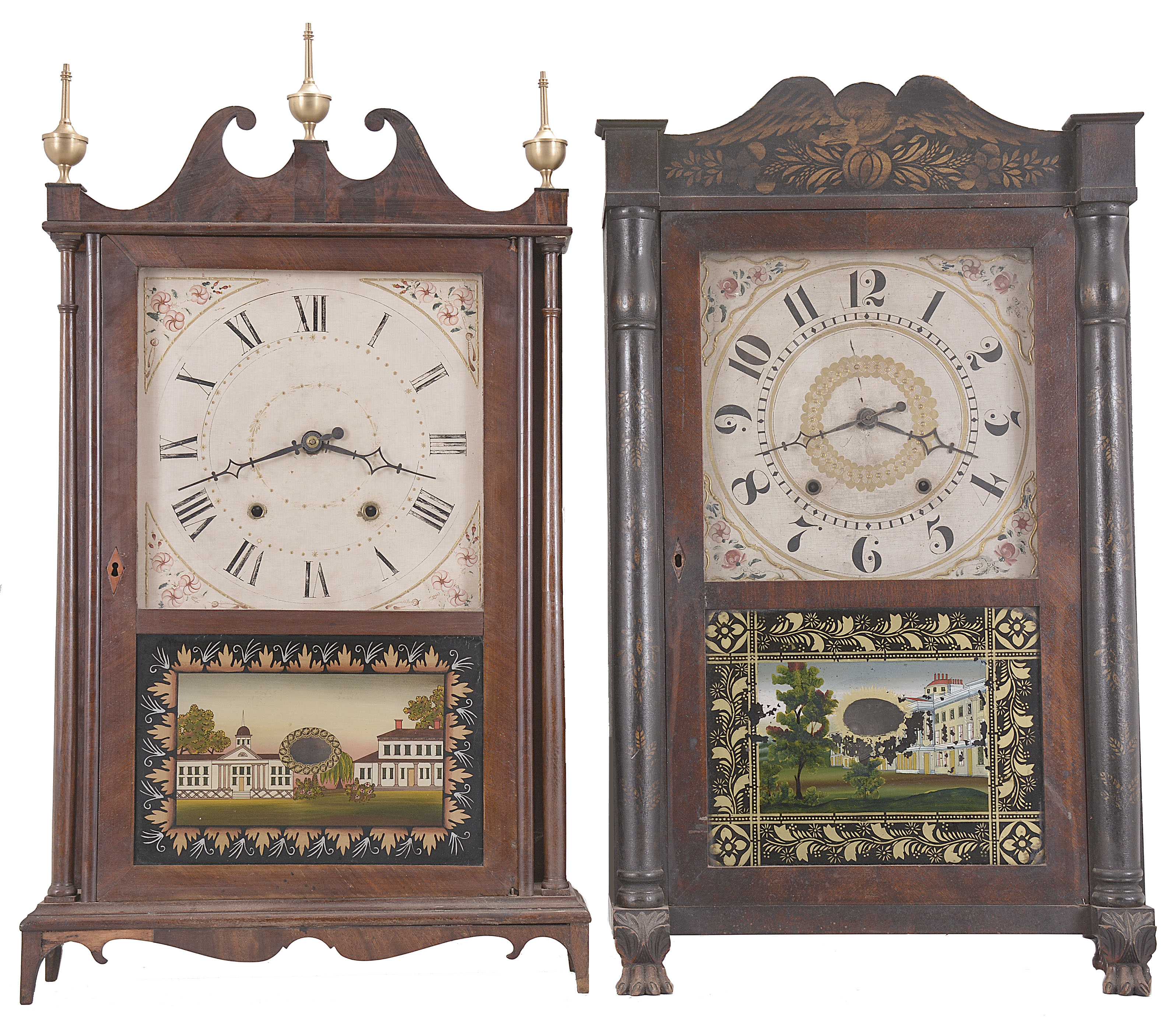 Clocks- 2 (Two): (1) Charles Kirke, Bristol, Conn., 30 hour, time and strike weight wood movement pillar & scroll shelf clock. c1830. (2) M. & E. Blakesley, Plymouth, Conn., 30 hour, time and strike weight wood movement half column & splat shelf clock with carved paw feet. c1830 — Antique Clocks Price Guide