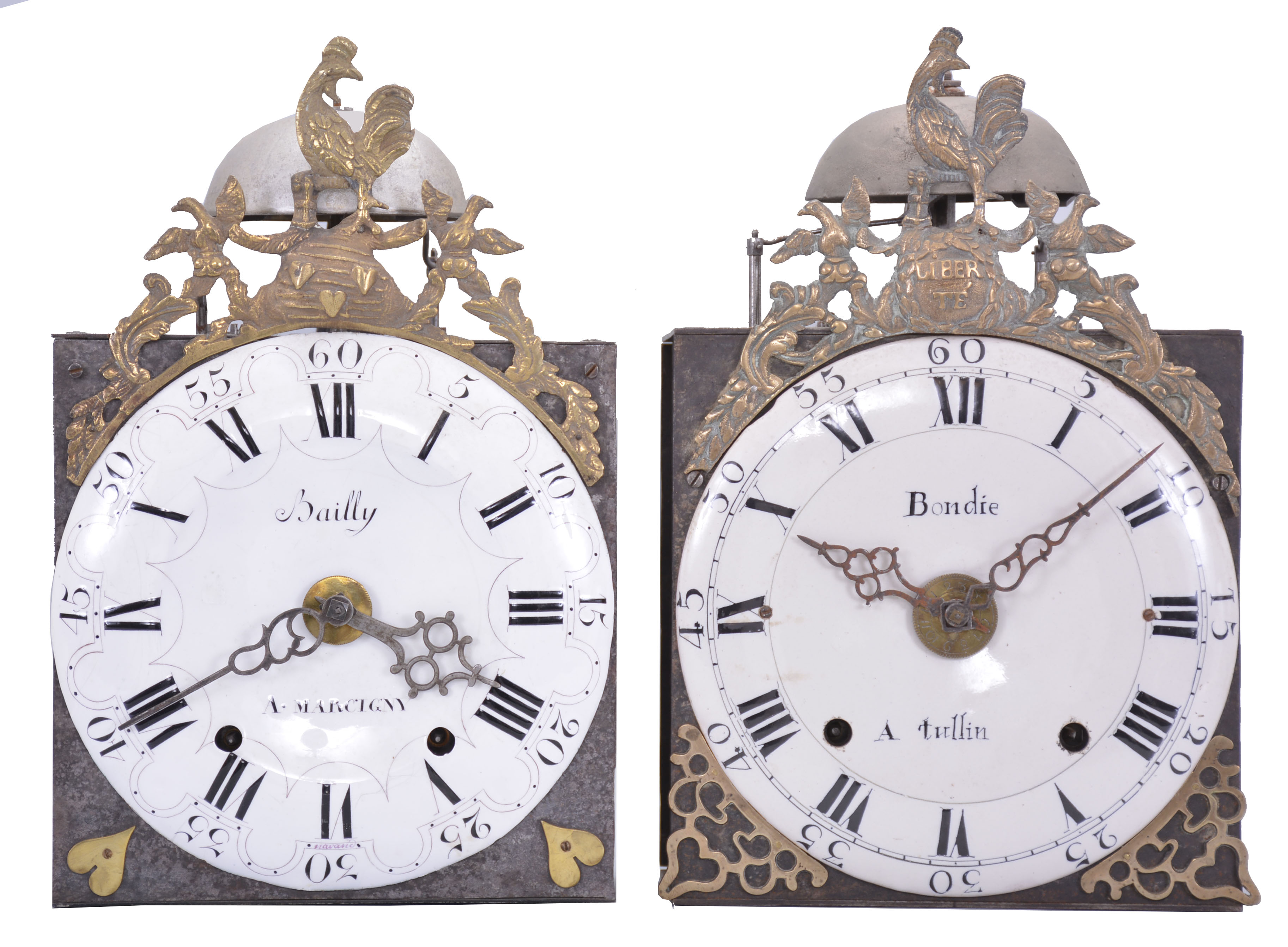 Clocks- 2 (Two) Comtoise wall clocks: (1) France, bronze-front Comtoise wall clock, 8 day, time and strike, weight driven movement with verge escapement, thread suspension with rear-hanging pendulum in an iron post and plate frame, early enamel dial with concave center and convex chapter, Roman numerals for the hours, large Arabic numerals at 5 minute intervals, signed "Bailly a Marcigny", cast bronze fronton with backward facing Gallic rooster above a medallion with three hearts which replace the royal fleur de lis found in the same location on earlier clocks, two applied heart shaped spandrels below the dial, and iron hands, late 18th Century. (2) France, bronze-front Comtoise wall clock, 8 day, time and strike, weight driven movement with alarm, verge escapement, thread suspension with rear-hanging pendulum in an iron post and plate frame, early glazed tin glazed earthenware dial with concave center and convex chapter, Roman numerals for the hours, large Arabic numerals at 5 minute intervals, signed "Bondie a Tullin", cast bronze fronton with backward facing Gallic rooster above a medallion with the word "Liberte", two applied spandrels, end of 18th Century. — Antique Clocks Price Guide