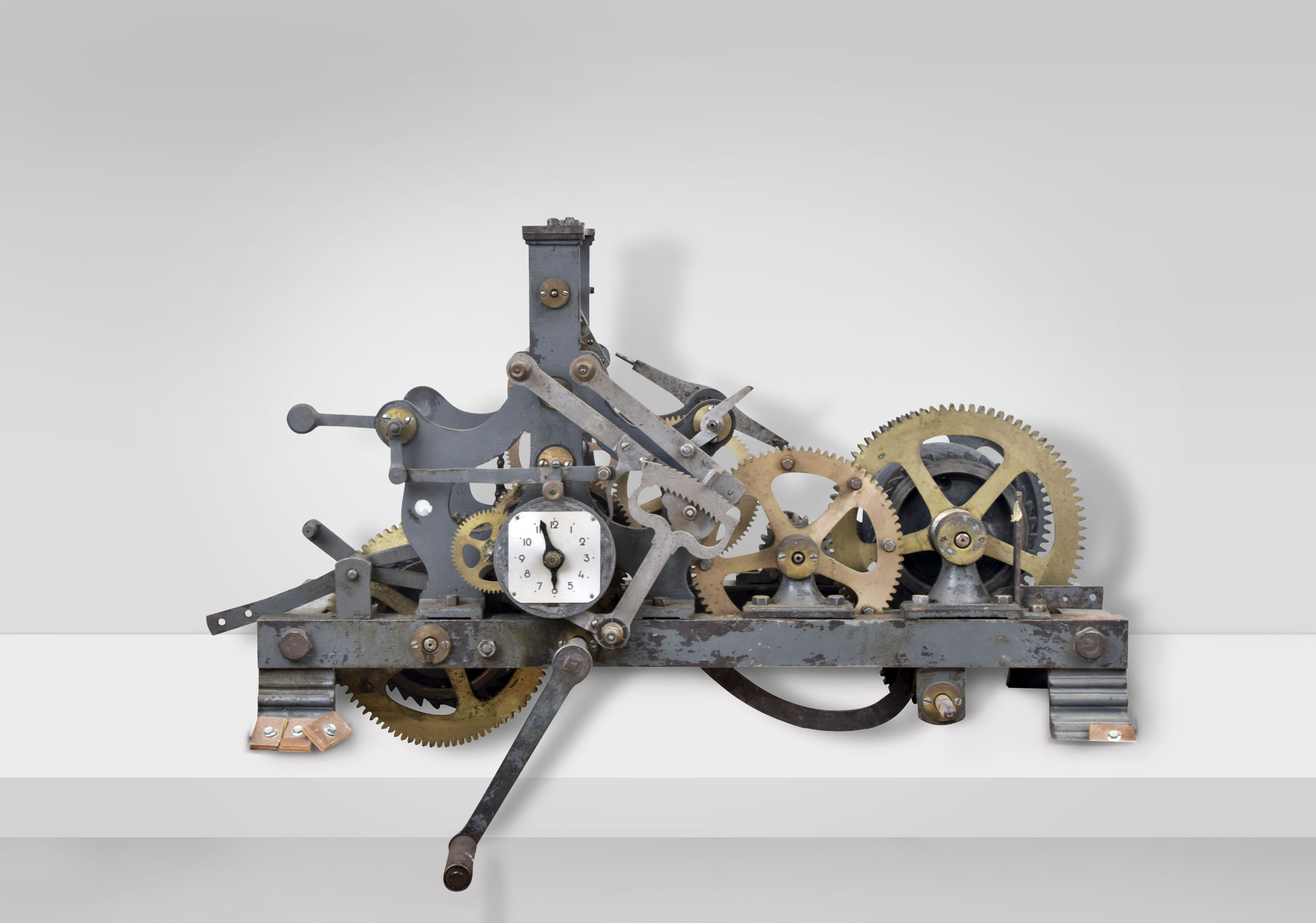 Europe, tower clock, time and strike, weight driven movement with pinwheel escapement and indicator dial in a gray painted cast iron frame — Antique Clocks Price Guide