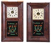Clocks- 8 (Eight): (1) Frank & Co., New York, 30 hour, time and strike, weight OG shelf clock, c1850; (2) Terry & Andrews, Bristol, Conn., 30 hour, time and strike, weight brass movement OG shelf clock, c1850. (3) Unknown, 30 hour, time and strike, weight OG shelf clock, c1850 (4) H. Welton & Co., Terrysville, Conn., 30 hour, time and strike, weight brass movement OG shelf clock, c1840 (5) Wm. L. Gilbert Clock Co., Winsted, Conn., 30 hour, time and strike brass movement OG shelf clock, c1860. (6) New Hartford Mfg. Co., New Hartford, Conn., 30 hour, time and strike, weight brass movement OG shelf clock, c1855. (7) William S. Johnson, New York, 8 day, time and strike, weight brass movement OG shelf clock, c1850. (8) William L. Gilbert Clock Co., Winsted, Conn., 8 day, time and strike, weight brass movement OOG shelf clock, c1860