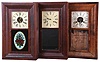 Clocks- 8 (Eight): (1) Atkins, Porter & Co., Bristol, Conn., 30 hour, time and strike, weight brass movement OG shelf clock, c1845; (2) William S. Johnson, New York, 30 hour, time and strike, weight brass movement OG shelf clock, c1850 (3) E. N. Welch Mfg. Co., Forestville, Conn., 30 hour, time and strike, weight brass movement OG shelf clock, c1860. (4) Ansonia Clock Co., Ansonia, Conn., 30 hour, time and strike, weight brass movement OG shelf clock, c1860. (5) Seth Thomas Clock Co., Plymouth Hollow Hollow, Conn., 30 hour, time and strike, weight brass movement OG shelf clock, c1860. (6) H. Welton & Co., Terrysville, Conn., 30 hour, time and strike, weight wood movement empty OG shelf clock case, c1840 (7) Smith & Goodrich, Forestville, Conn., 30 hour, time and strike, weight brass movement OG shelf clock, c1850. (8) Alden A. Atkins, Bristol, Conn., 30 hour, time and strike, weight brass movement OG shelf clock, c1843.