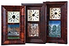 Clocks- 8 (Eight): (1) Charles Stratton, Worcester, Mass., 30 hour, time and strike, weight brass movement OG shelf clock, c1842; (2) E. N. Welch Mfg. Co., Forestville, Conn., 30 hour, time and strike, weight brass movement OG shelf clock, c1860 (3) New England Clock Co., Farmington, Conn., 8 day, time and strike brass lever movement Westminster chime OG shelf clock, c1980. (4) C. Boardman, Bristol, Conn., 30 hour, time and strike, weight brass movement OG shelf clock, c1845. (5) Ansonia Clock Co., Ansonia, Conn., 30 hour, time and strike, weight brass movement OG shelf clock, c1860 (6) J. C. Brown, Forestville, Conn., 8 day, time and strike, weight brass movement OG shelf clock, c1850 (7) M. Welton's Clocks, New York, 30 hour, time and strike, weight brass movement OG shelf clock, c1842 (8) E. N. Welch Mfg. Co., Forestville, Conn., 30 hour, time and strike, weight brass movement OG shelf clock, c1860