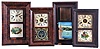 Clocks- 7 (Seven): (1) Seth Thomas Clock Co., Thomaston, Conn., 30 hour, time and strike, spring brass movement miniature beveled case shelf clock, c1870; (2) Seth Thomas Clock Co., Thomaston, Conn., 30 hour, time, strike and alarm spring brass movement miniature round band shelf clock, c1870. (3) Hiram Welton, Bristol, Conn., 30 hour, time and alarm empty OG case, c1840. (4) Waterbury Clock Co., Waterbury, Conn., 30 hour, time and strike, spring brass movement miniature OG shelf clock, c1870. (5) Seth Thomas Clock Co., Plymouth Hollow Hollow, Conn., 30 hour, time and strike, spring brass movement miniature round band shelf clock, c1860. (6) Waterbury Clock Co., Waterbury, Conn., 30 hour, time, strike and alarm spring brass movement miniature OG shelf clock, c1870. (7) Empty, miniature OG shelf clock.