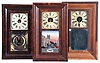 Clocks- 8 (Eight): (1) Comstock & Minor, Plymouth, Conn., 30 hour, time and strike, weight wood movement bevel case shelf clock, c1845; (2) E. & A. Ingraham, Bristol, Conn., 30 hour, time and strike, weight brass movement OG shelf clock, c1852 (3) H. Welton & Co., Terrysville, Conn., 30 hour, time and strike, weight brass movement OG shelf clock, c1841. (4) Seth Thomas Clock Co., Thomaston, Conn., 30 hour, time and strike, weight brass movement OG shelf clock c1870 (5) Smith & Goodrich, Forestville, Conn., 30 hour, time, strike and alarm weight brass movement OG shelf clock, c1850 (6) C. Boardman, Bristol, Conn., 30 hour, time and strike, weight brass movement OG shelf clock, c1845 (7) Waterbury Clock Co., Waterbury, Conn.,30 hour, time and strike, weight brass movement OG shelf clock, c1860 (8) Boardman & Wells, Bristol, Conn., 30 hour, time and strike, weight wood movement bevel case shelf clock, c1840