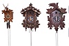 Clocks- 7 (Seven) German Cuckoo: Assortment of cuckoos, some old and some modern, including 8 day and 30 hour, two-weight movements. Two larger models, including an older clock in the hunter style with more elaborate carvings. Makers include Schmeckenbecher, Regula, G.K. (likely George Kuehl Clock Co.), Henry Coehler Co., and others that are not signed.