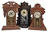 Clocks- 3 (Three): (1) New Haven Clock Co., New Haven, Conn., 8 day, time, strike and alarm shelf or kitchen clock, c1890 (2) William L. Gilbert Clock Co., Winsted, Conn., "Pattern No. 53", 8 day, time, strike and alarm spring brass movement shelf or kitchen clock, c1913 (3) E. Ingraham & Co., Bristol, Conn., "Lilac", 8 day, time and strike, spring brass movement shelf or kitchen clock, c1896